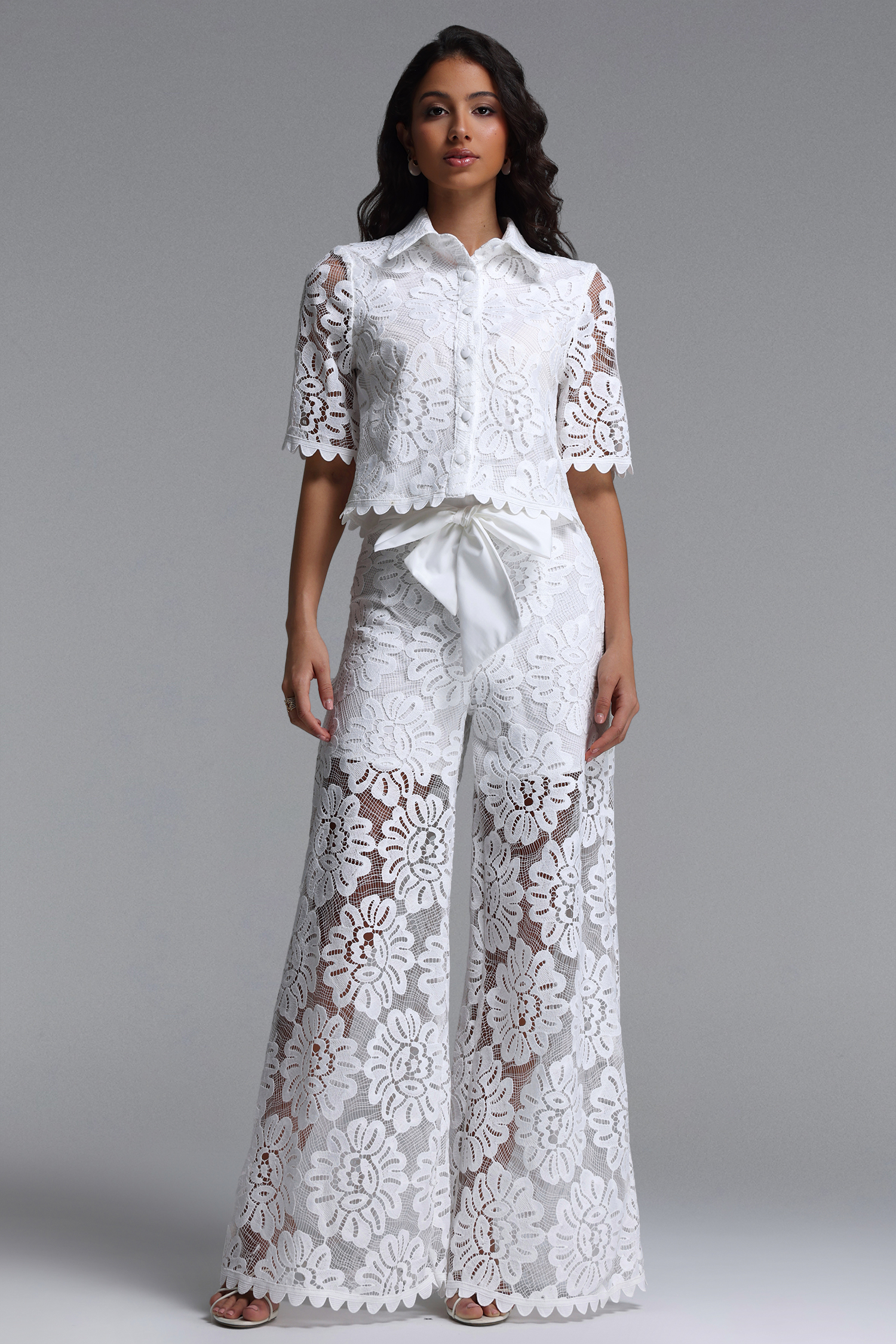 Liviya Elegant Tailored Short Sleeve Lace Top and Pants Two Piece Set
