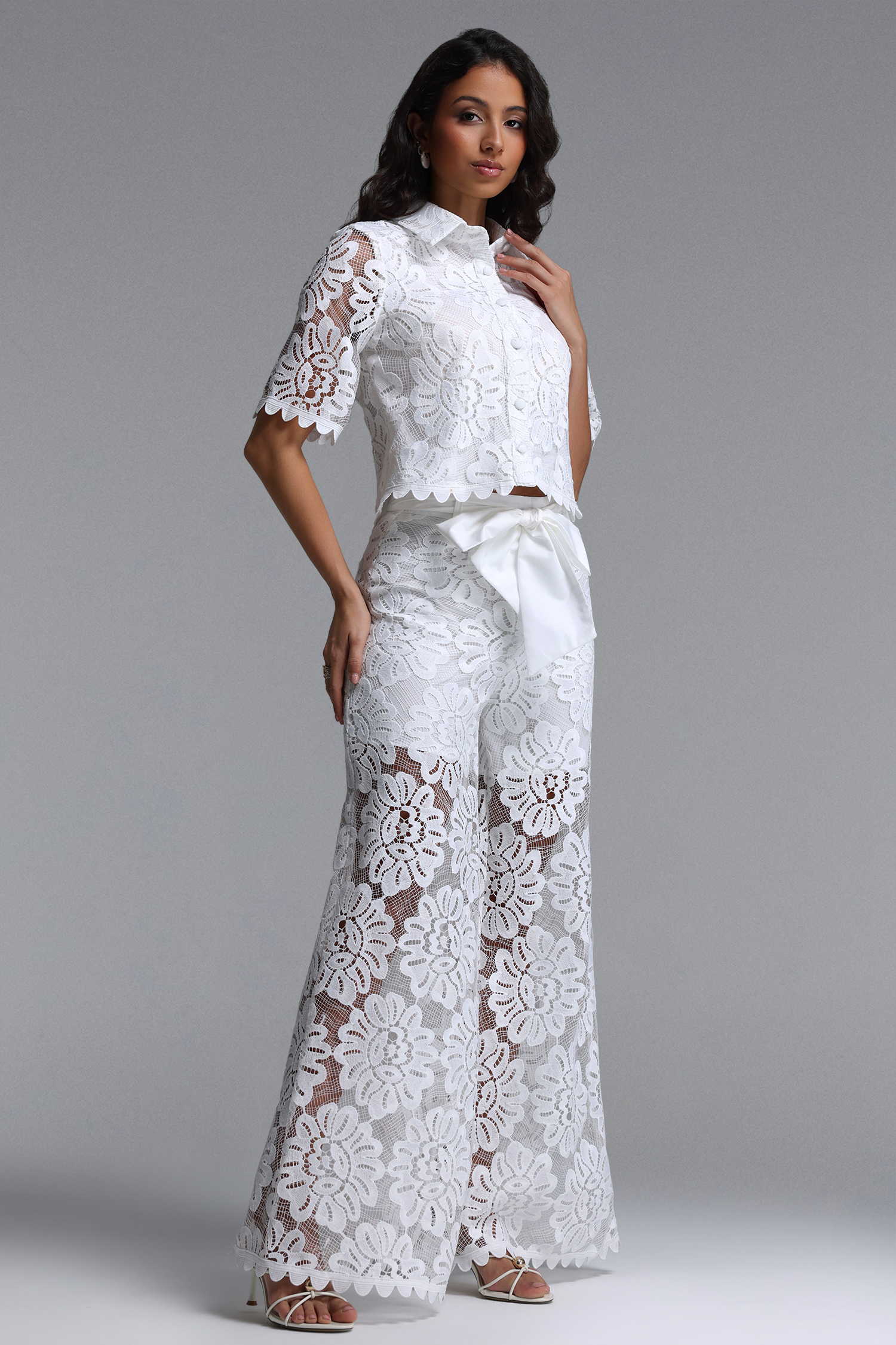 Liviya Elegant Tailored Short Sleeve Lace Top and Pants Two Piece Set