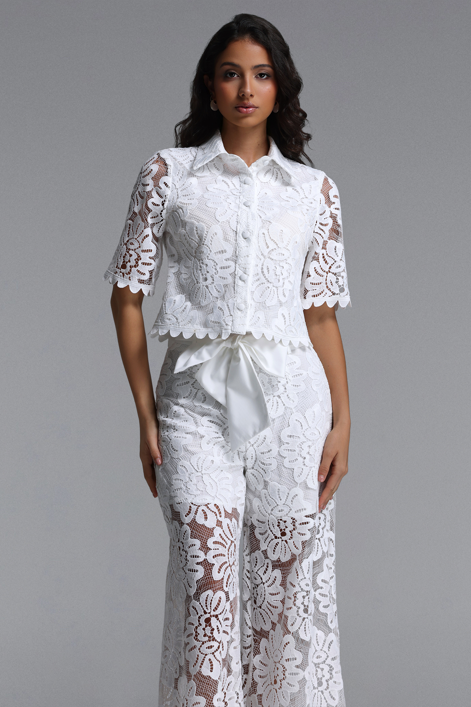 Liviya Elegant Tailored Short Sleeve Lace Top and Pants Two Piece Set