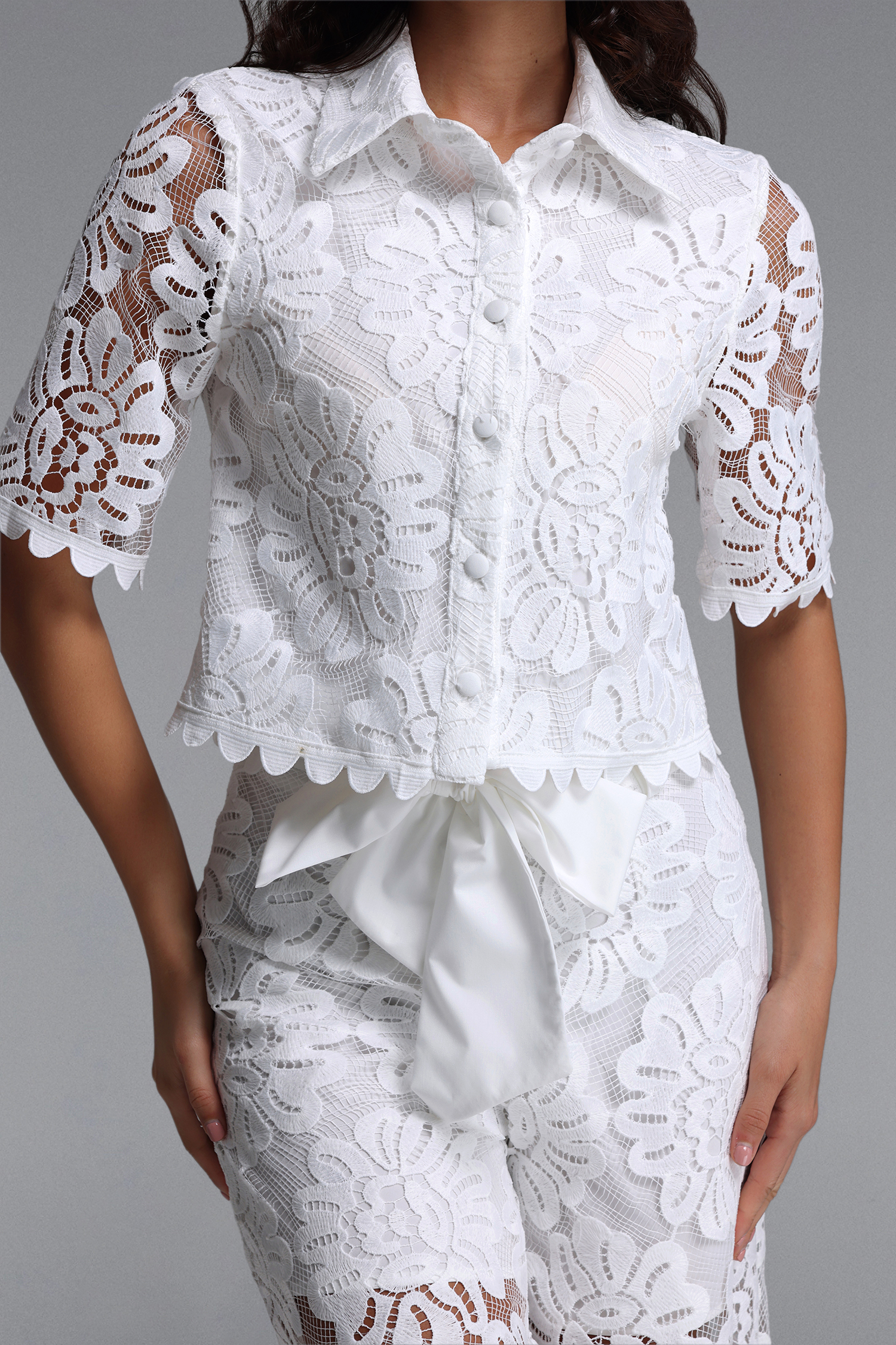 Liviya Elegant Tailored Short Sleeve Lace Top and Pants Two Piece Set