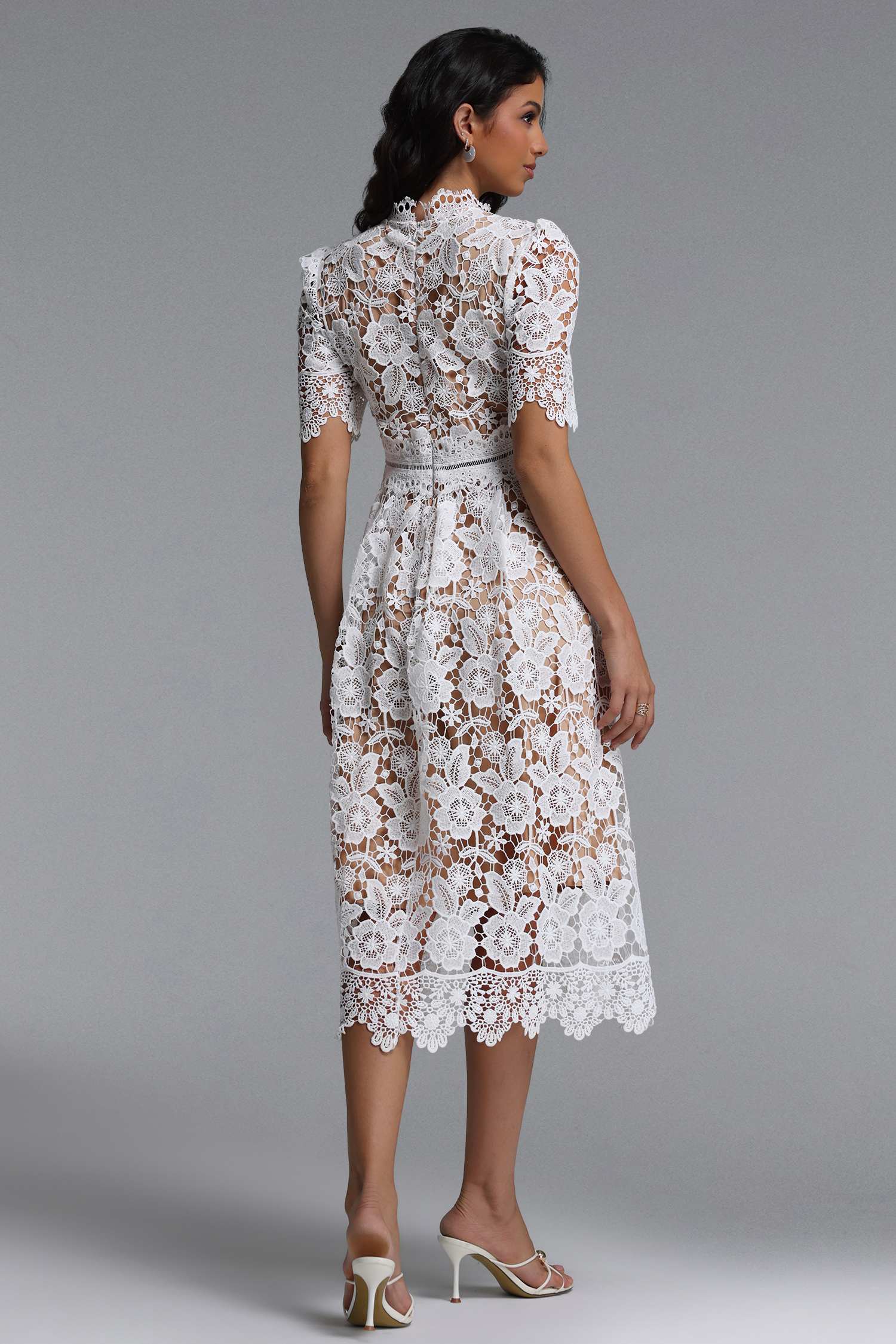 Valema Resort Flowy Short Sleeve Floral Lace Midi Dress