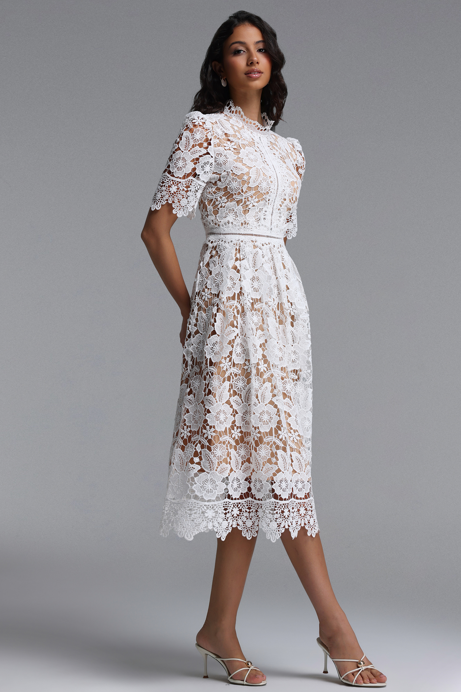 Valema Resort Flowy Short Sleeve Floral Lace Midi Dress