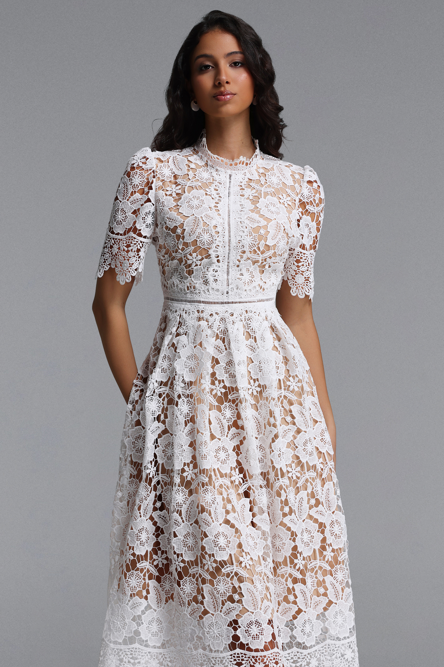 Valema Resort Flowy Short Sleeve Floral Lace Midi Dress