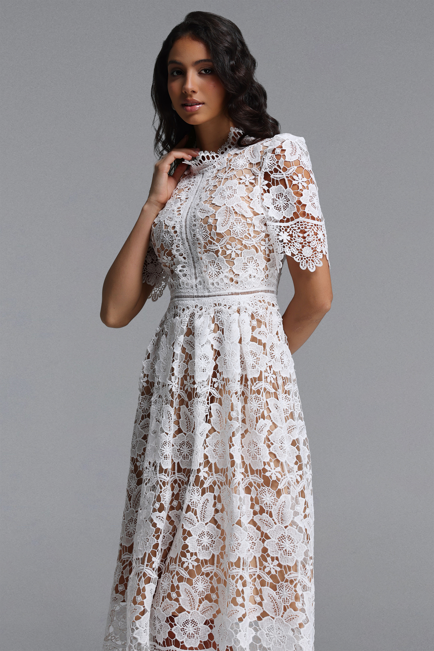 Valema Resort Flowy Short Sleeve Floral Lace Midi Dress