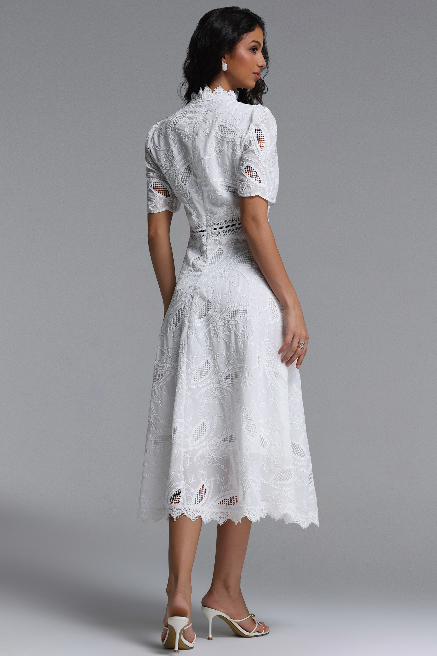 Stretchy Resort Cinched Short Sleeve Embroidered Floral Lace Woven Midi Dress