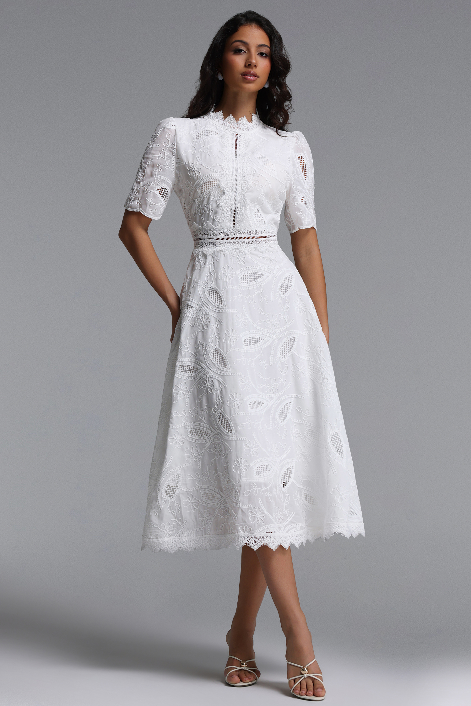 Stretchy Resort Cinched Short Sleeve Embroidered Floral Lace Woven Midi Dress