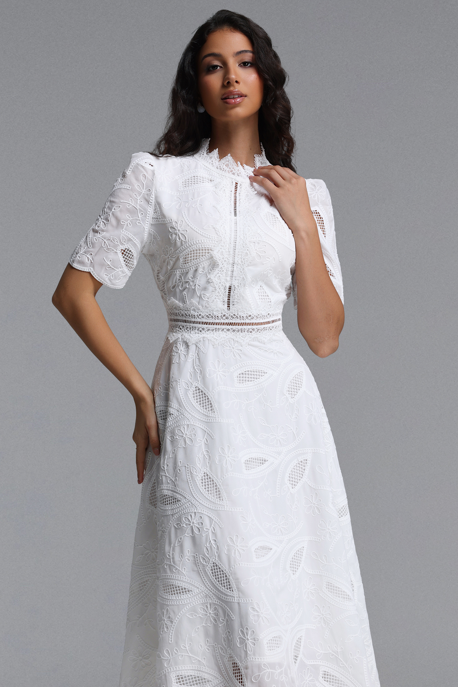 Stretchy Resort Cinched Short Sleeve Embroidered Floral Lace Woven Midi Dress