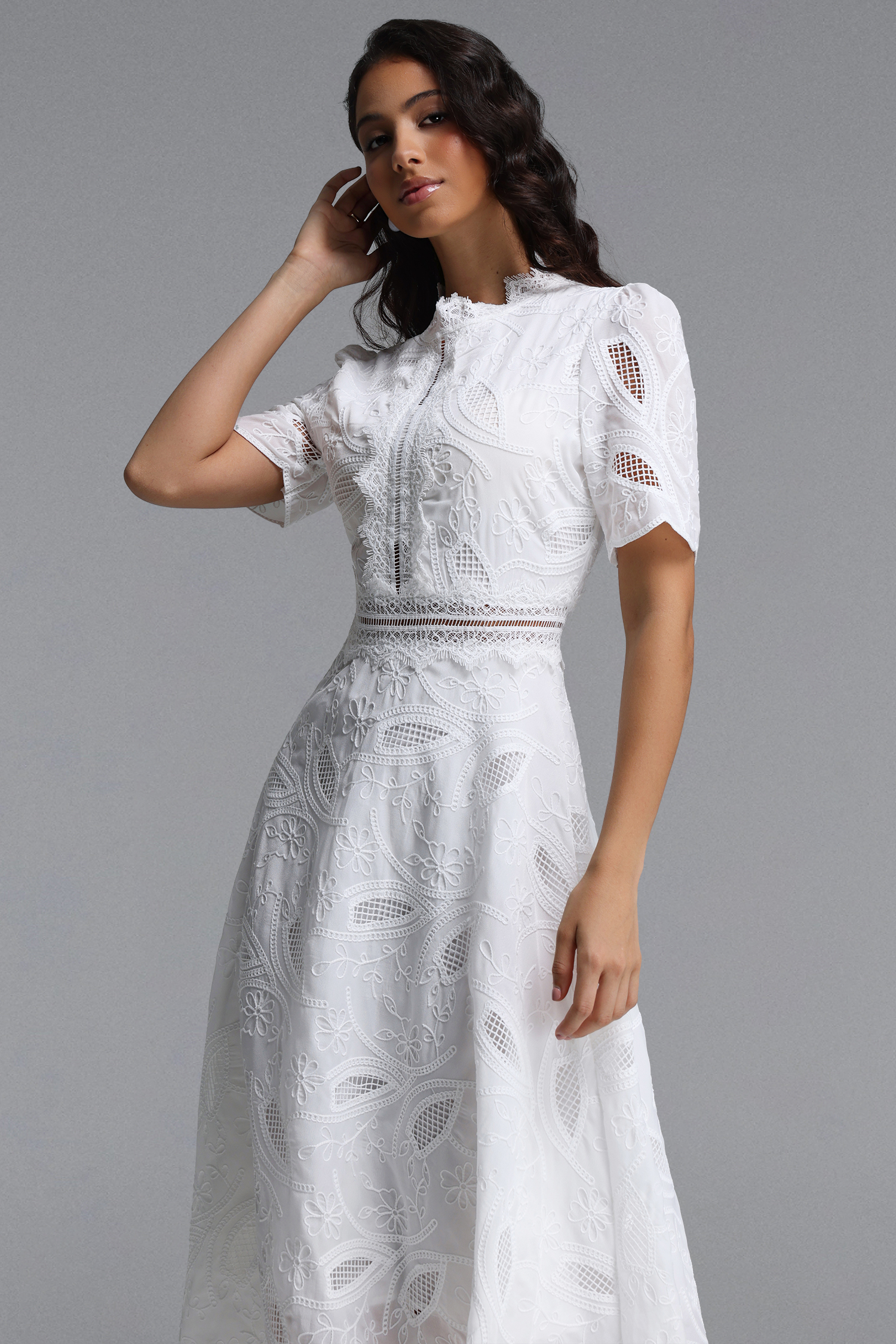 Stretchy Resort Cinched Short Sleeve Embroidered Floral Lace Woven Midi Dress