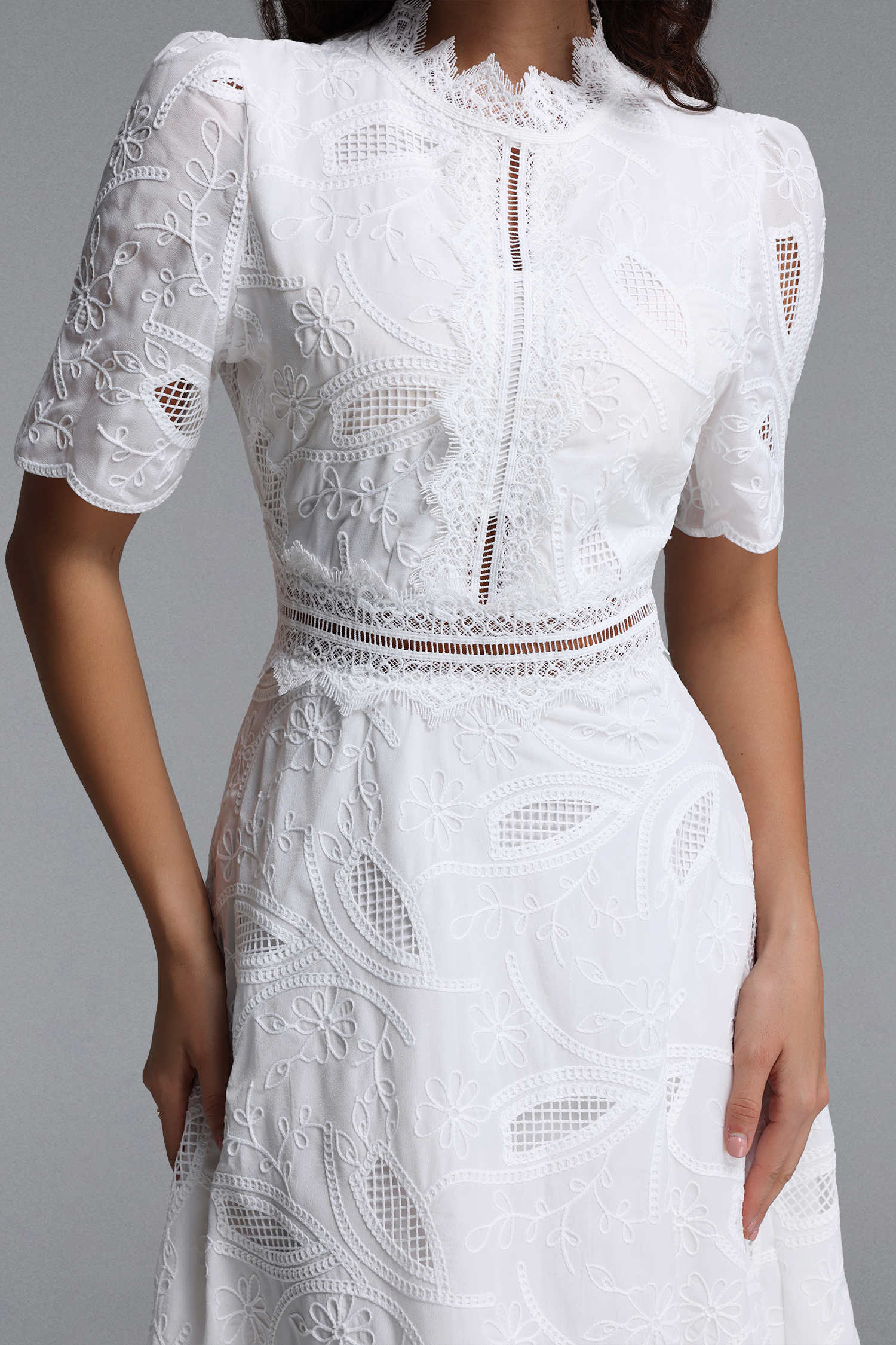 Stretchy Resort Cinched Short Sleeve Embroidered Floral Lace Woven Midi Dress