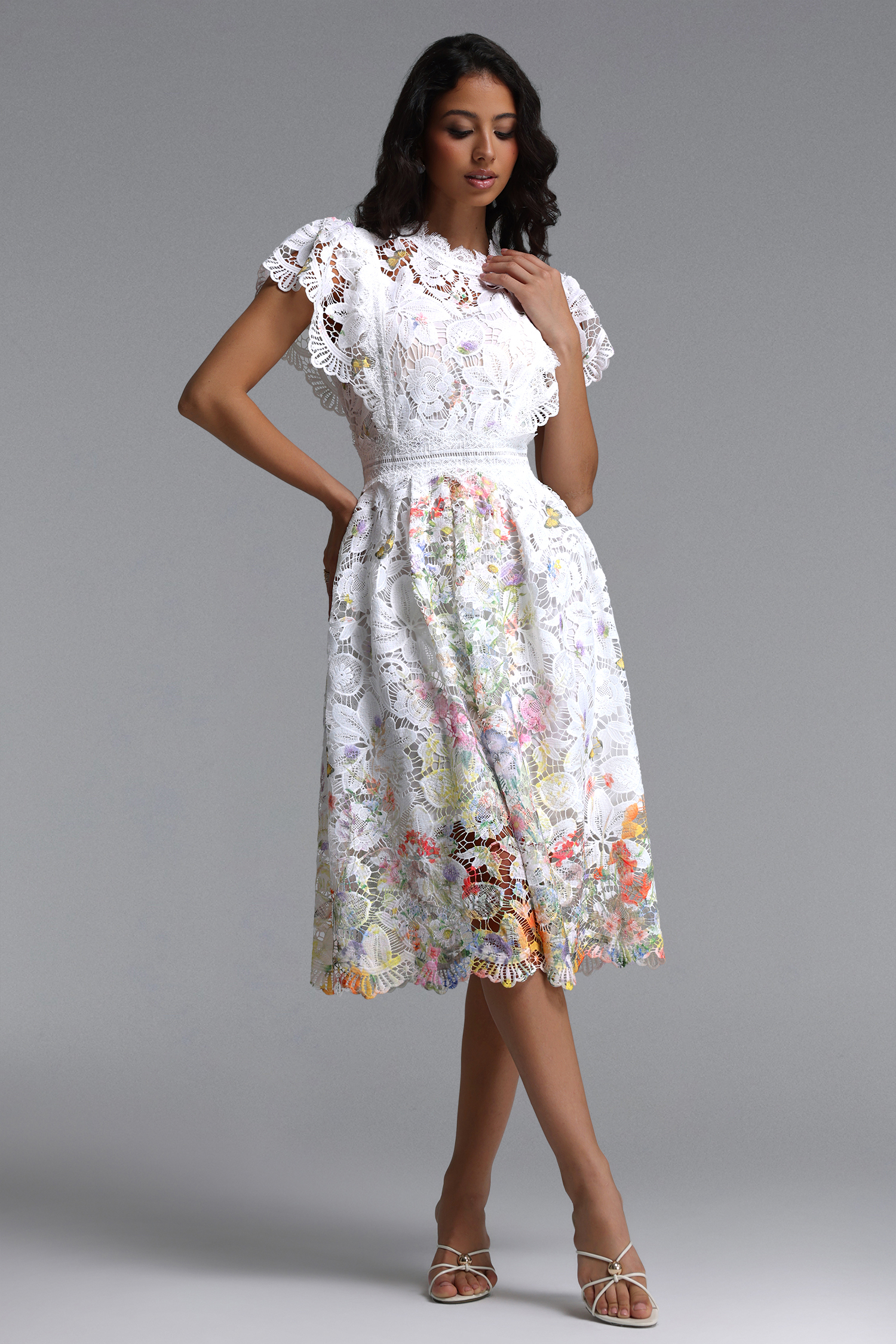 Leanna Resort Flowy Short Sleeve Floral Print Lace Midi Dress