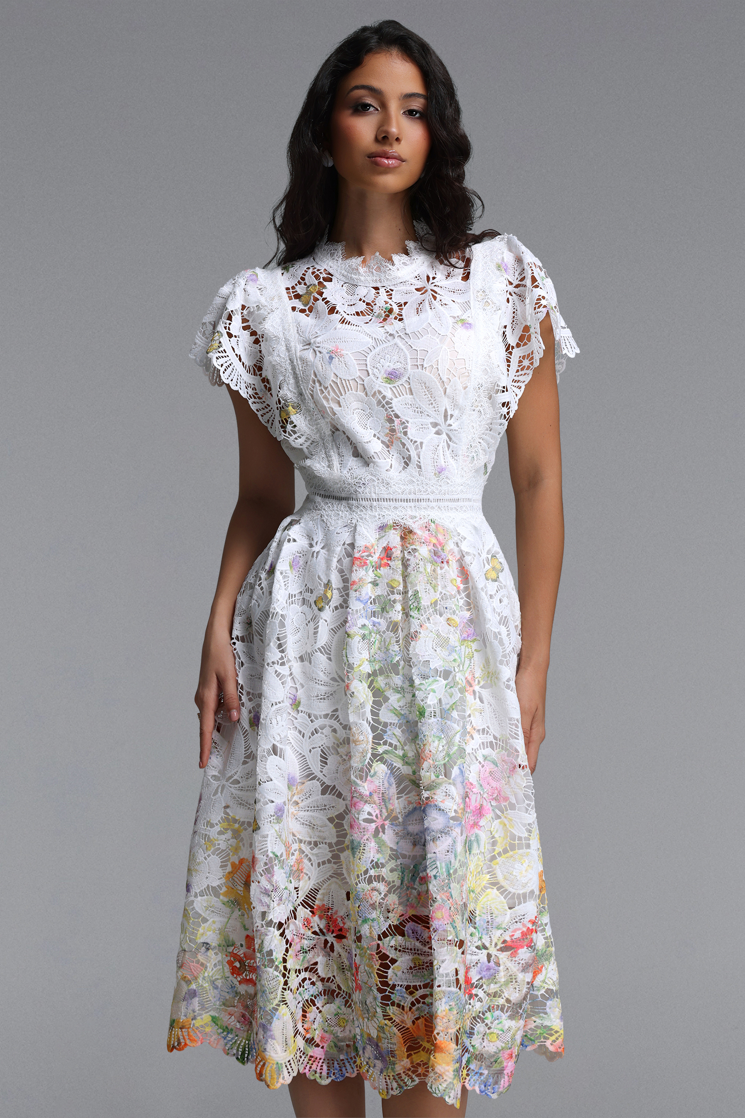 Leanna Resort Flowy Short Sleeve Floral Print Lace Midi Dress