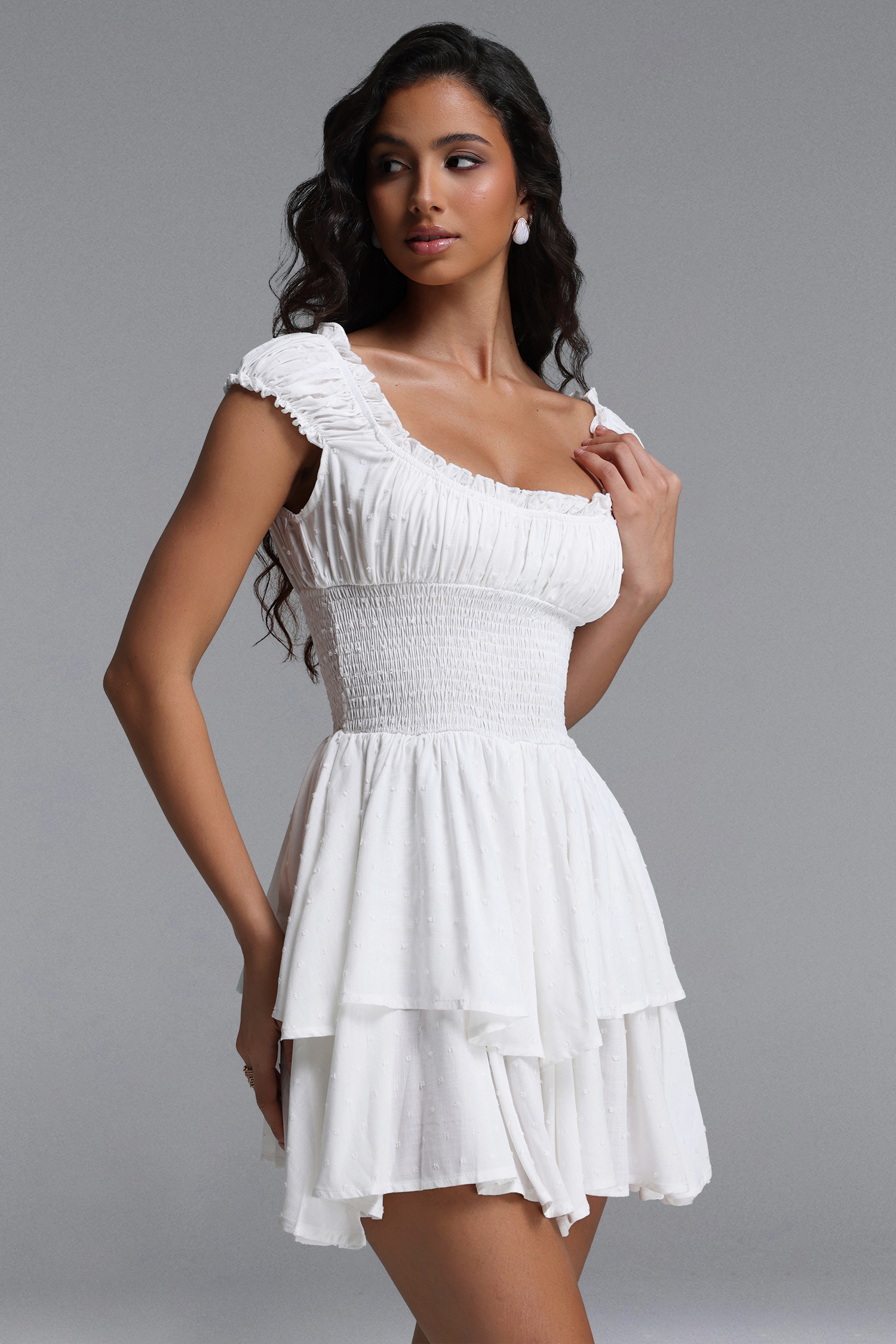 Irare Romantic Flowy Sleeveless Ruched Knit Mini Dress