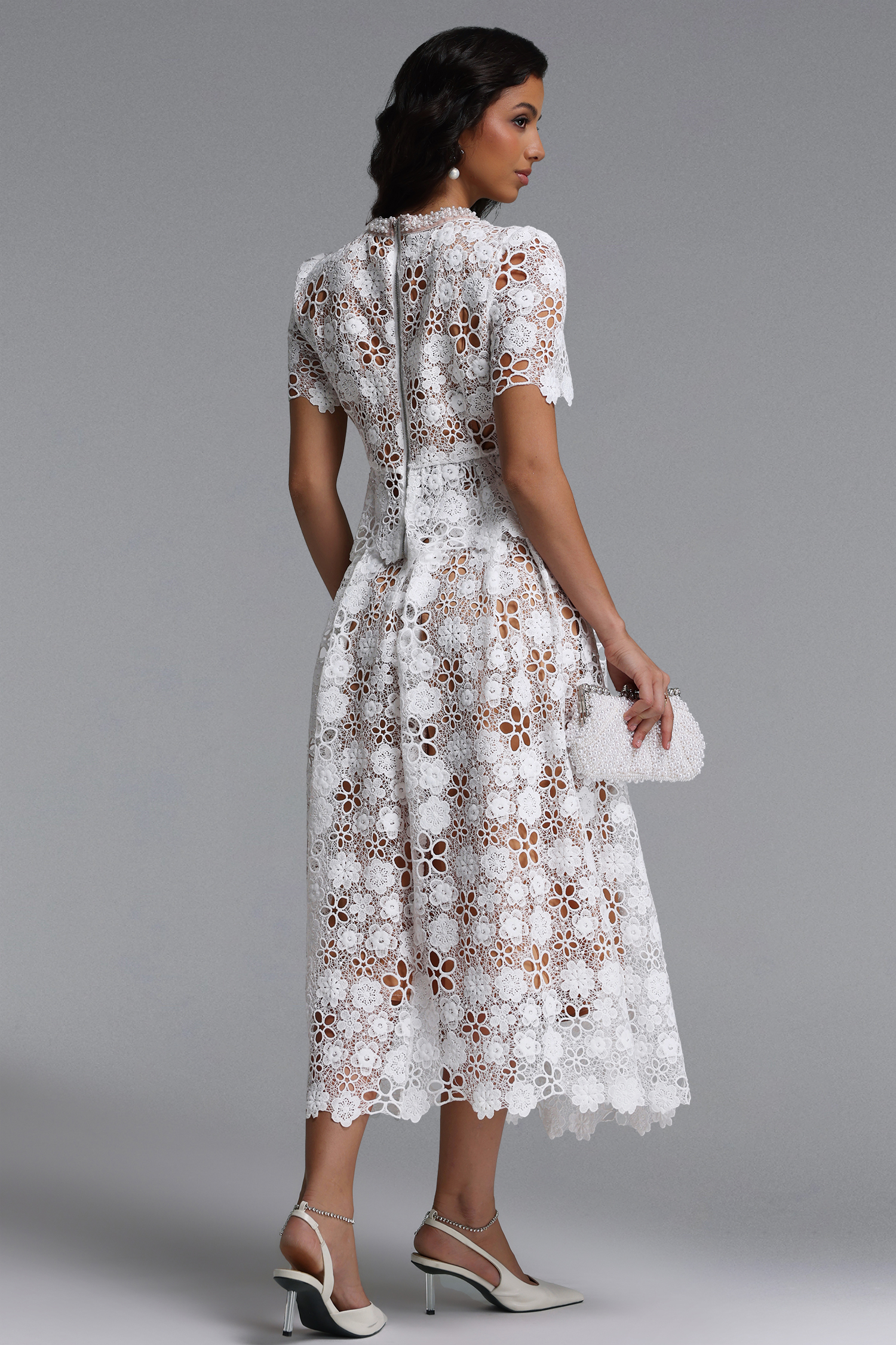 Keve Resort Flowy Short Sleeve Floral Lace Midi Dress