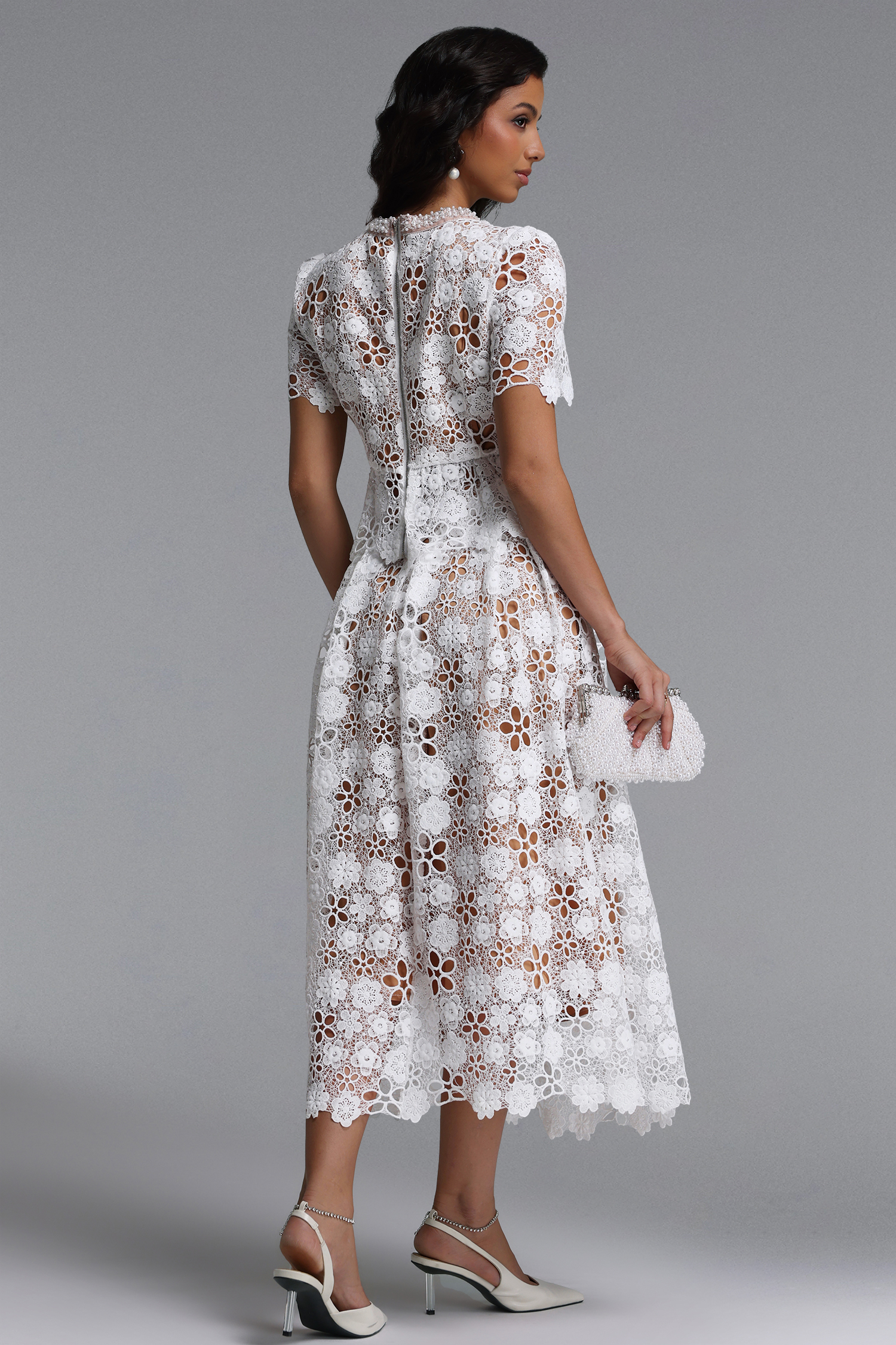 Keve Resort Flowy Short Sleeve Floral Lace Midi Dress