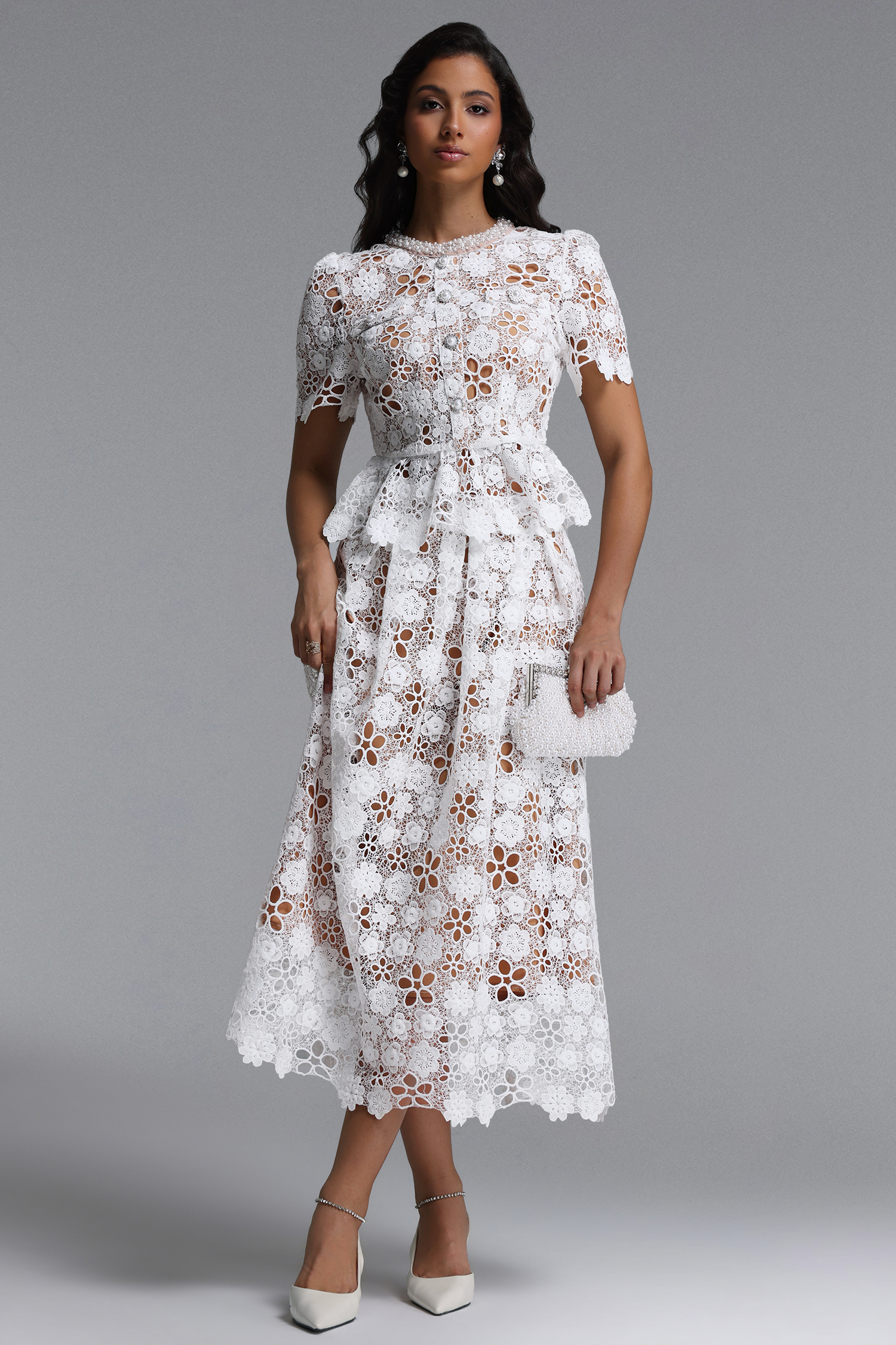 Keve Resort Flowy Short Sleeve Floral Lace Midi Dress