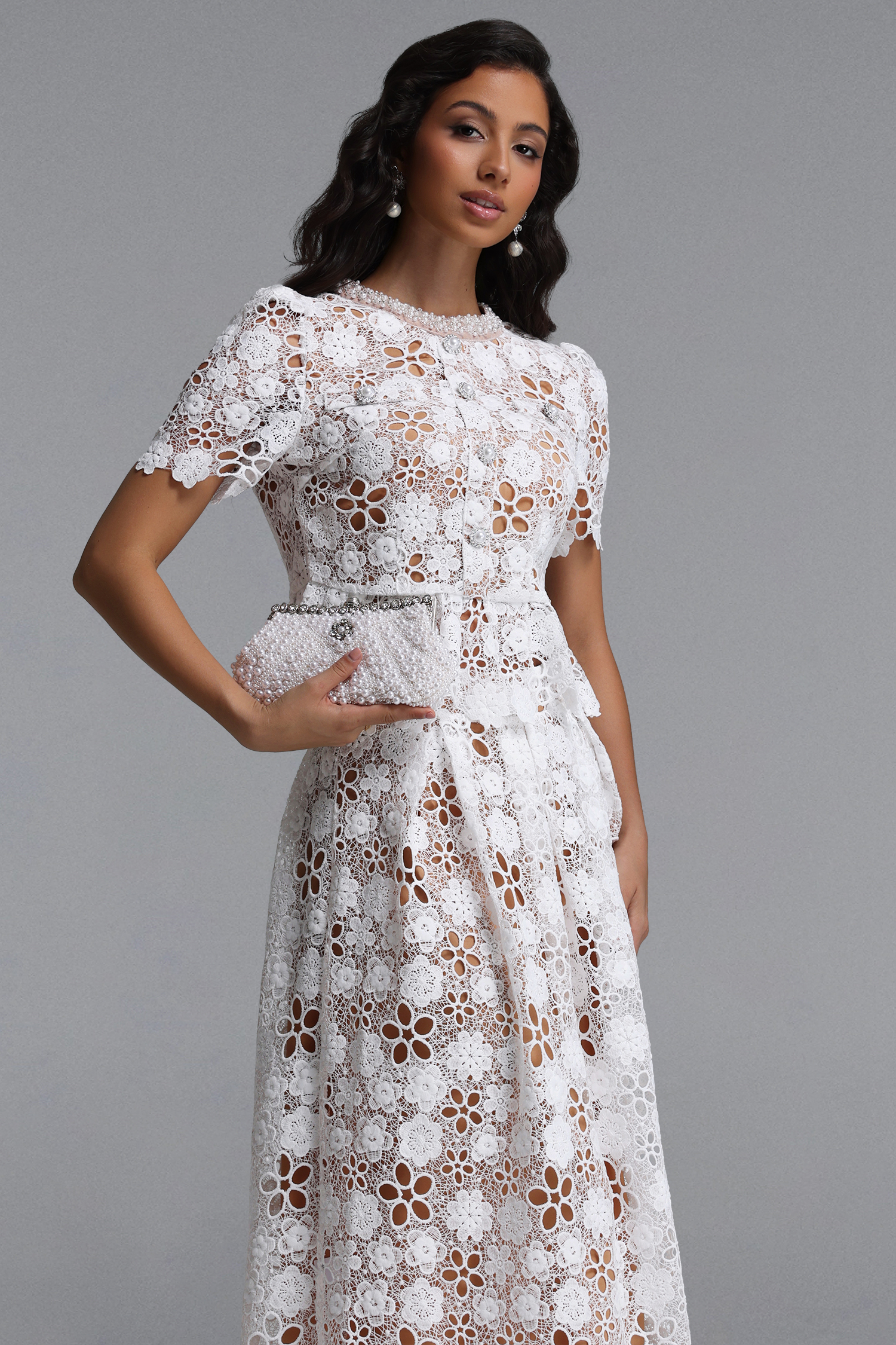 Keve Resort Flowy Short Sleeve Floral Lace Midi Dress