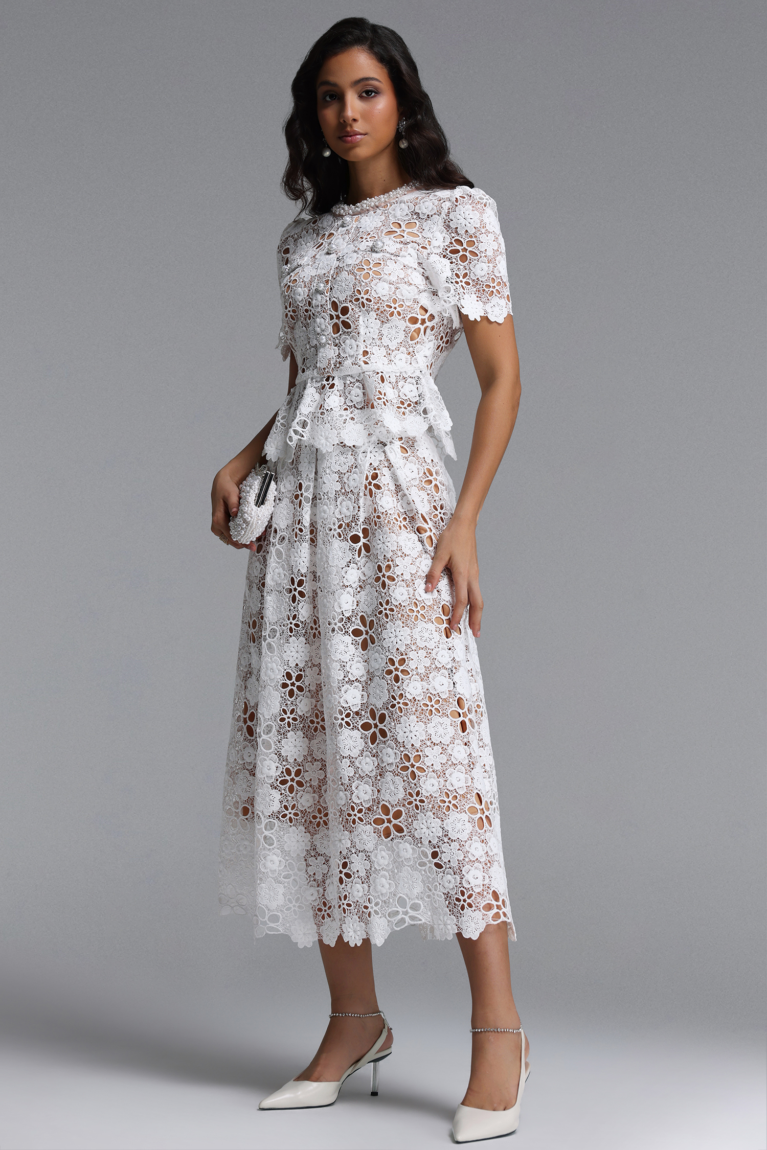 Keve Resort Flowy Short Sleeve Floral Lace Midi Dress