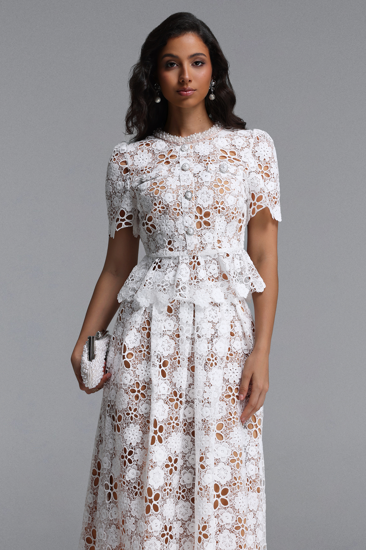 Keve Resort Flowy Short Sleeve Floral Lace Midi Dress