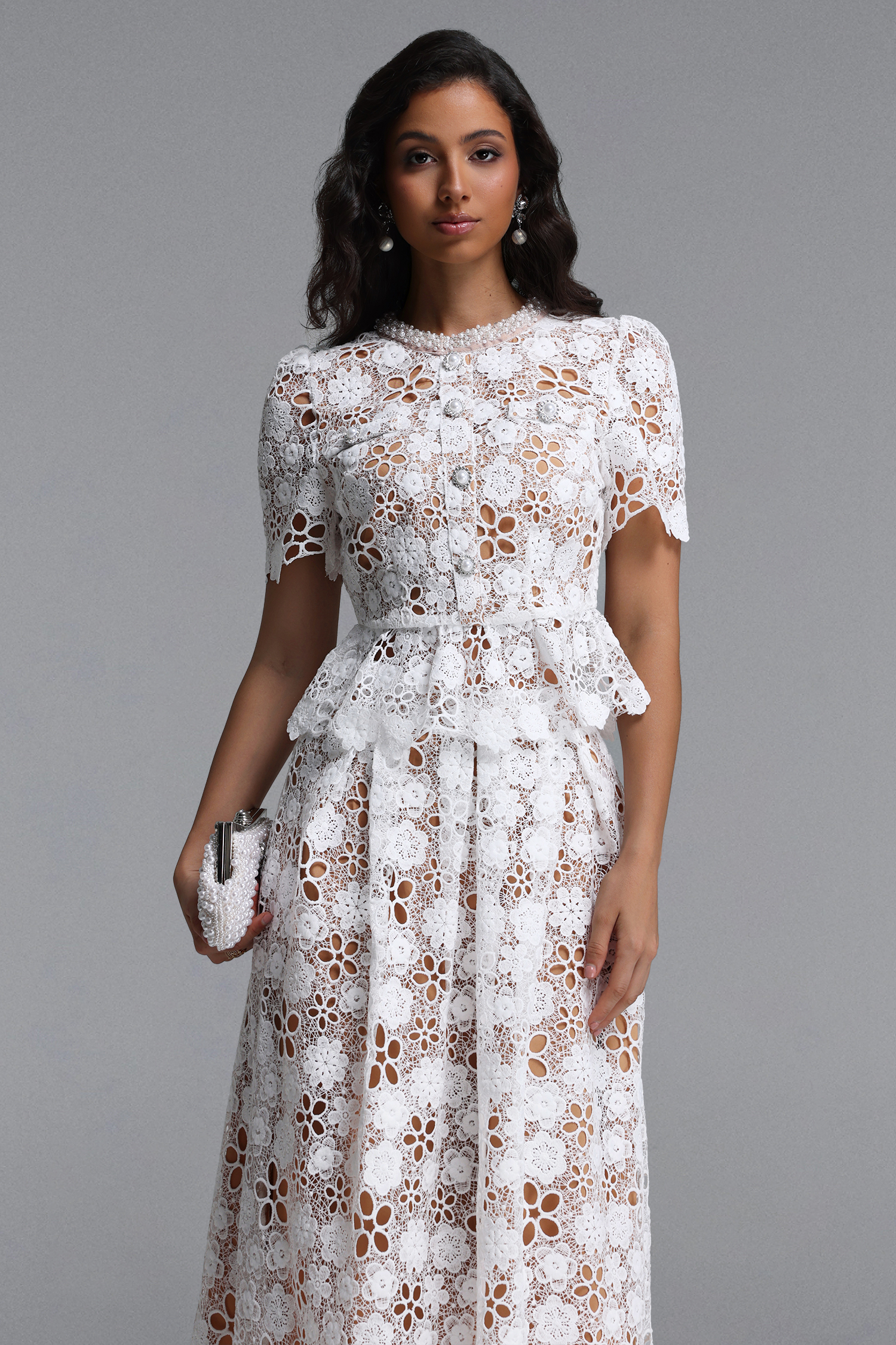 Keve Resort Flowy Short Sleeve Floral Lace Midi Dress