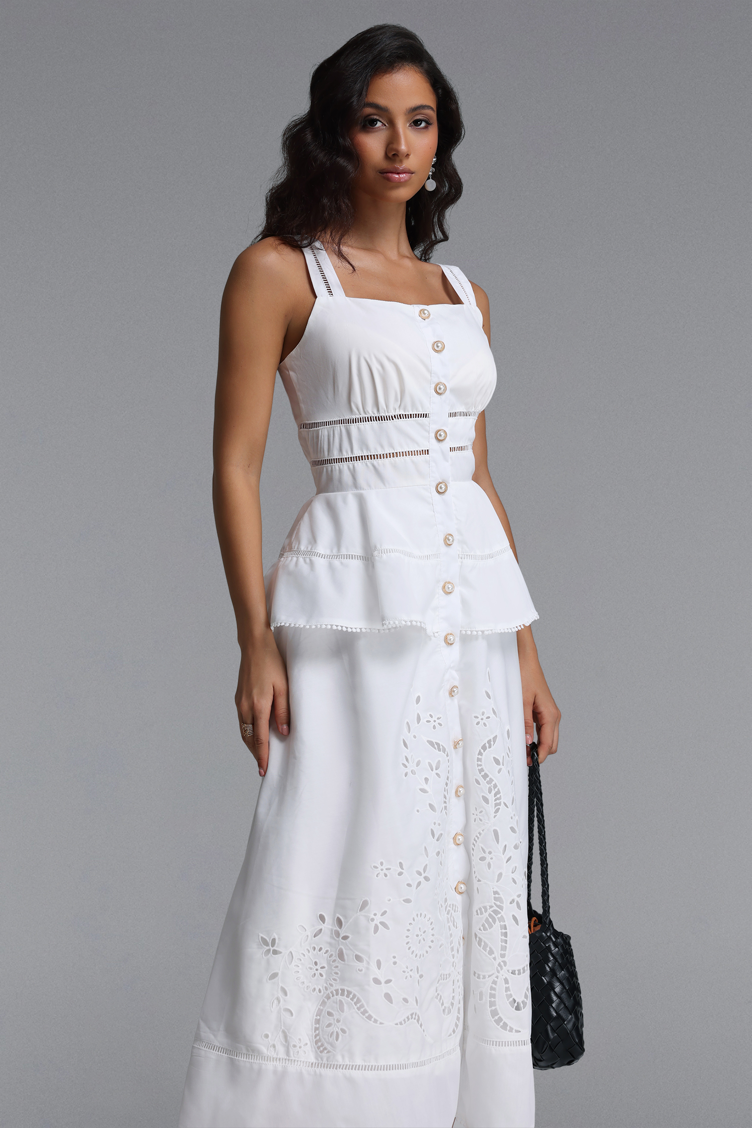 Hatsie Elegant Cinched Sleeveless Cut Out Woven Maxi Dress