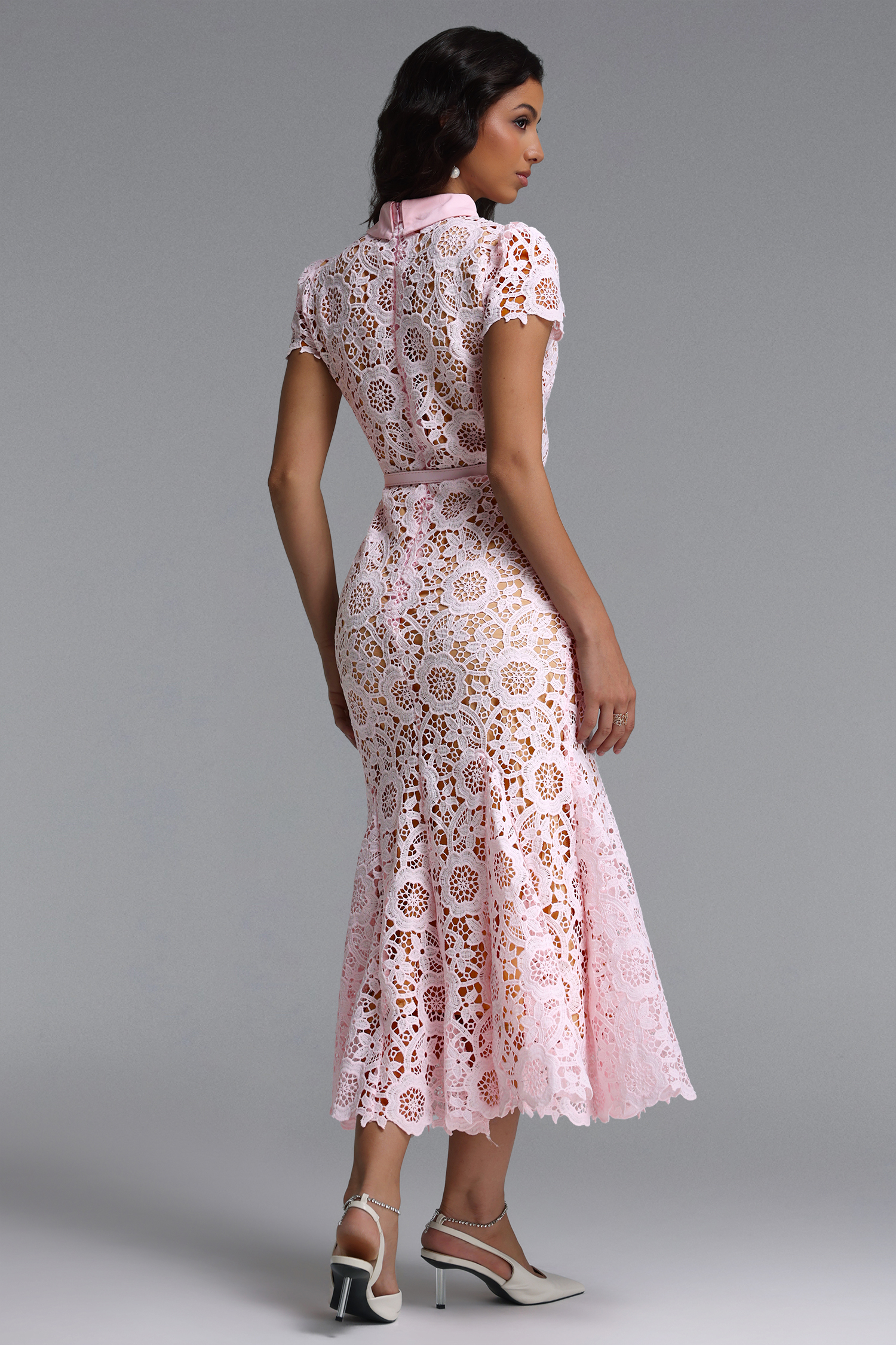 Felix Elegant Cinched Short Sleeve Floral Lace Maxi Dress