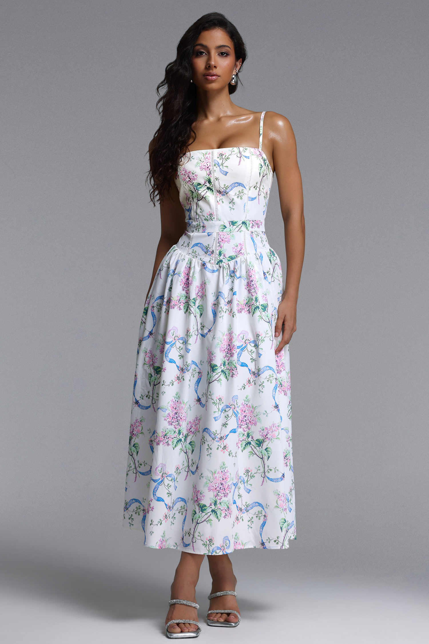 lacai Romantic Tailored Sleeveless Floral Print Woven Maxi Dress