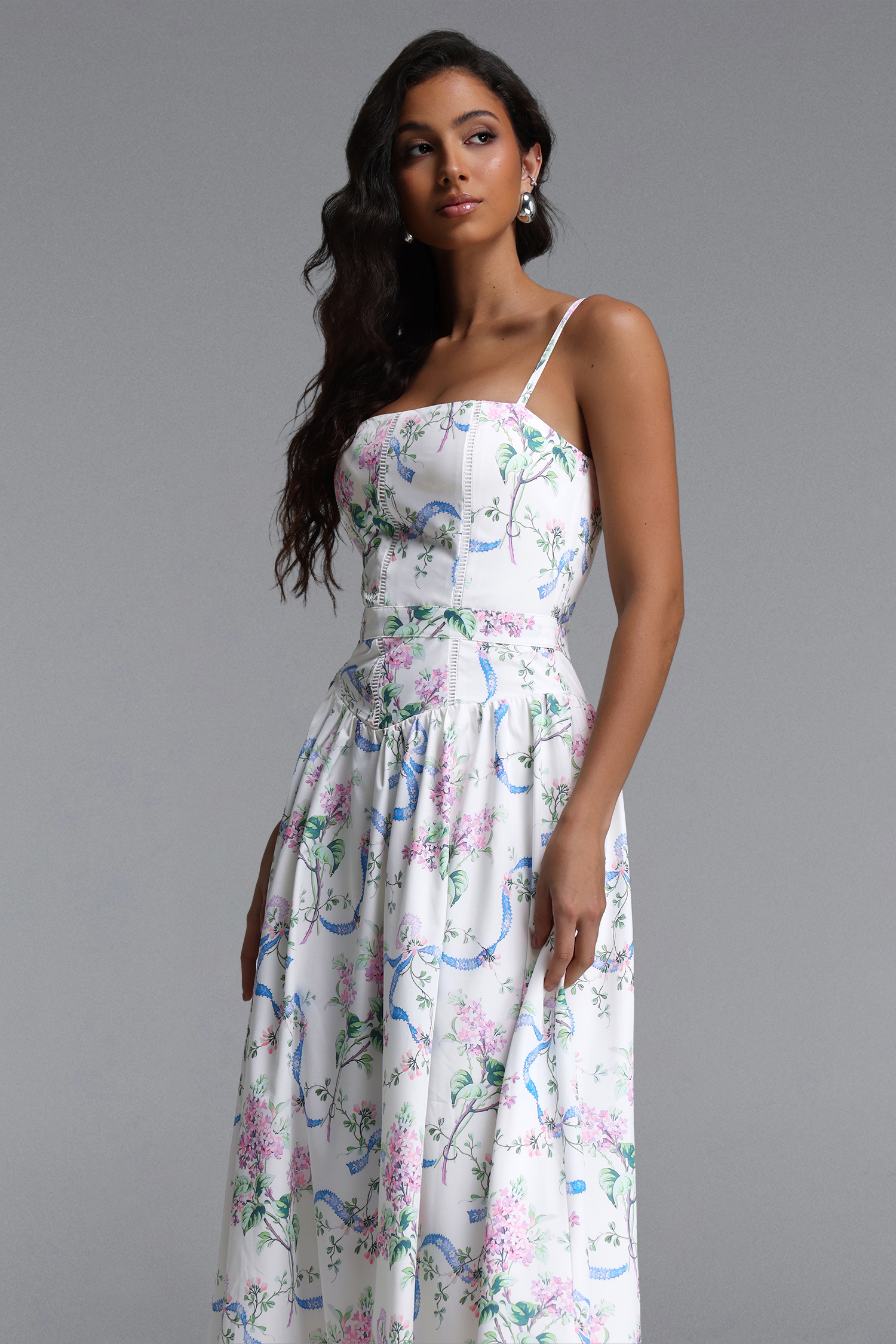 lacai Romantic Tailored Sleeveless Floral Print Woven Maxi Dress