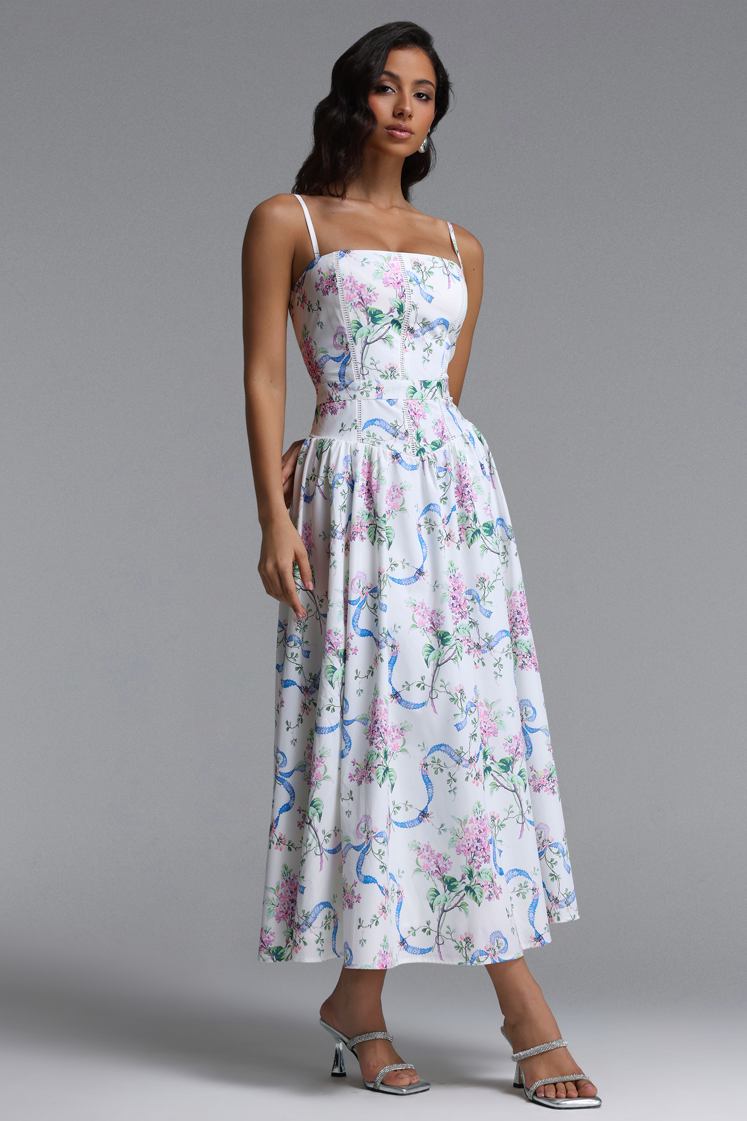 lacai Romantic Tailored Sleeveless Floral Print Woven Maxi Dress