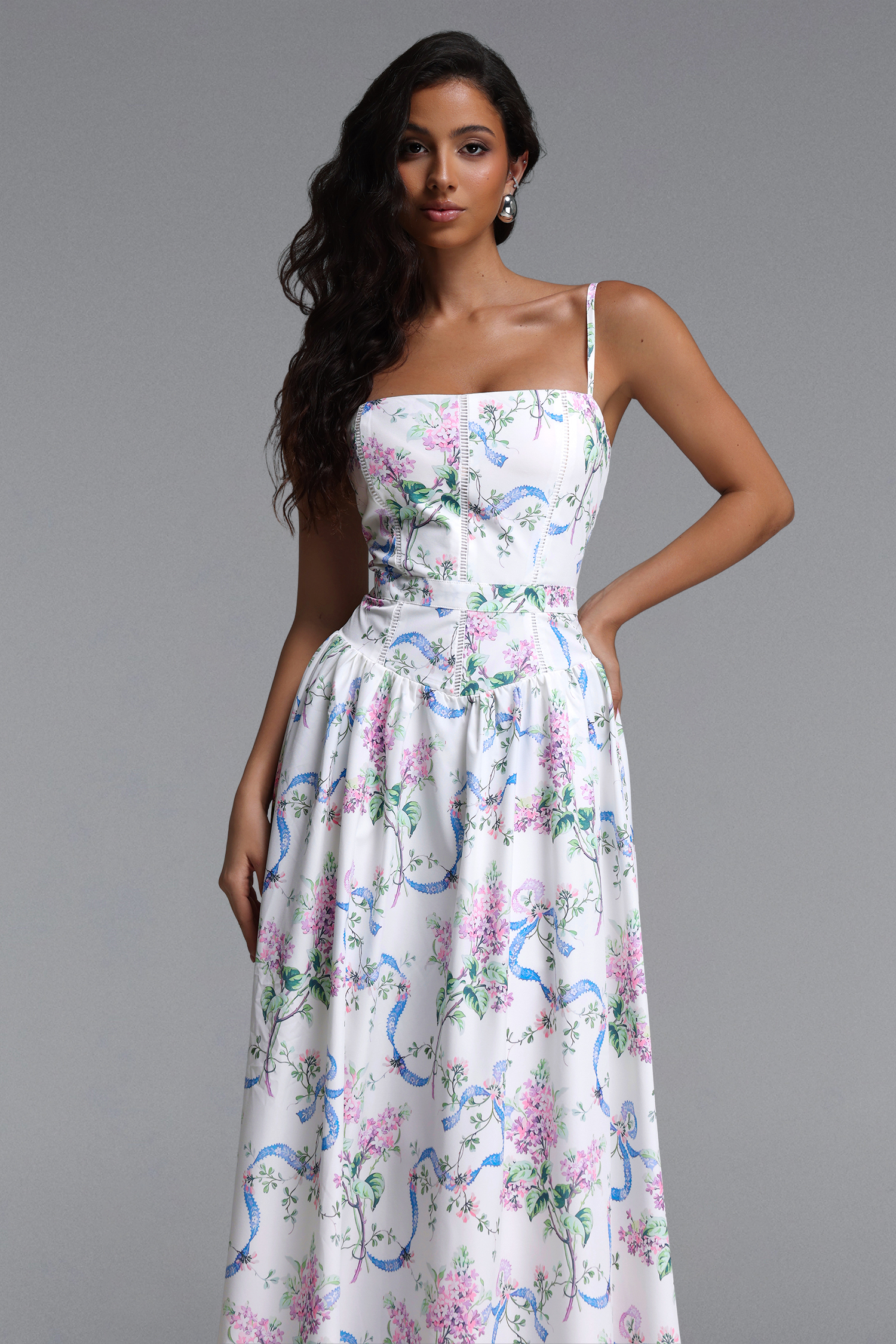 lacai Romantic Tailored Sleeveless Floral Print Woven Maxi Dress