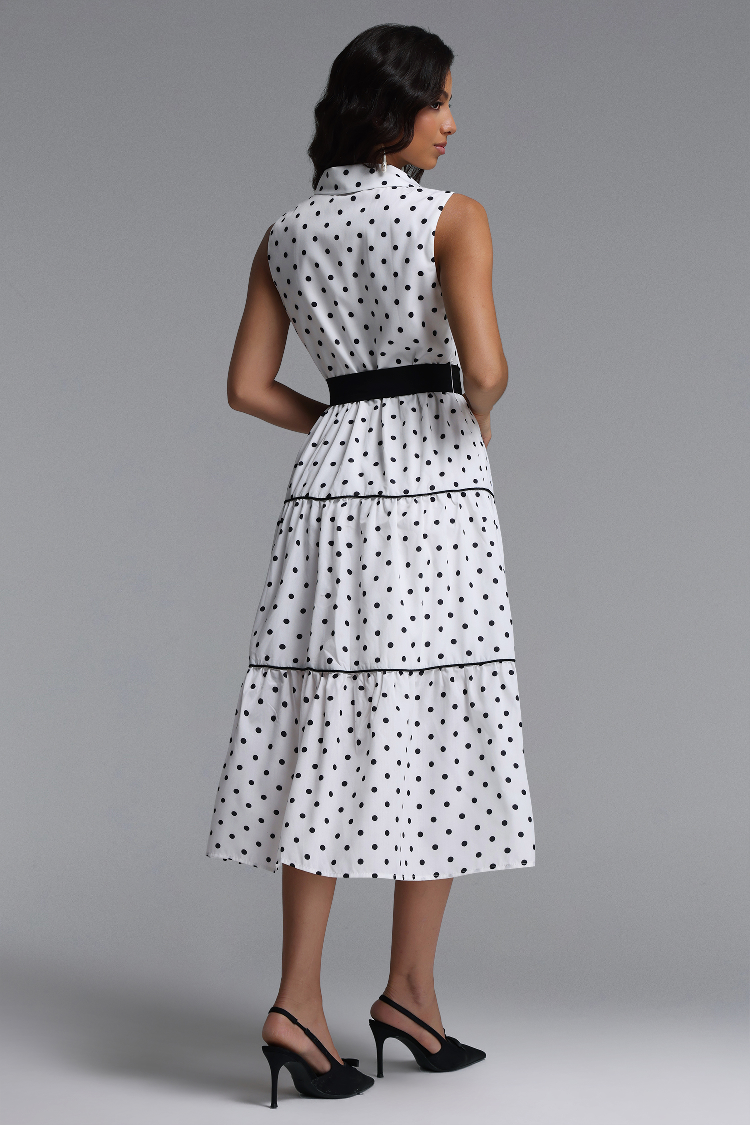 Marlina Classic Tailored Sleeveless Bow Polka Dot Woven Midi Dress