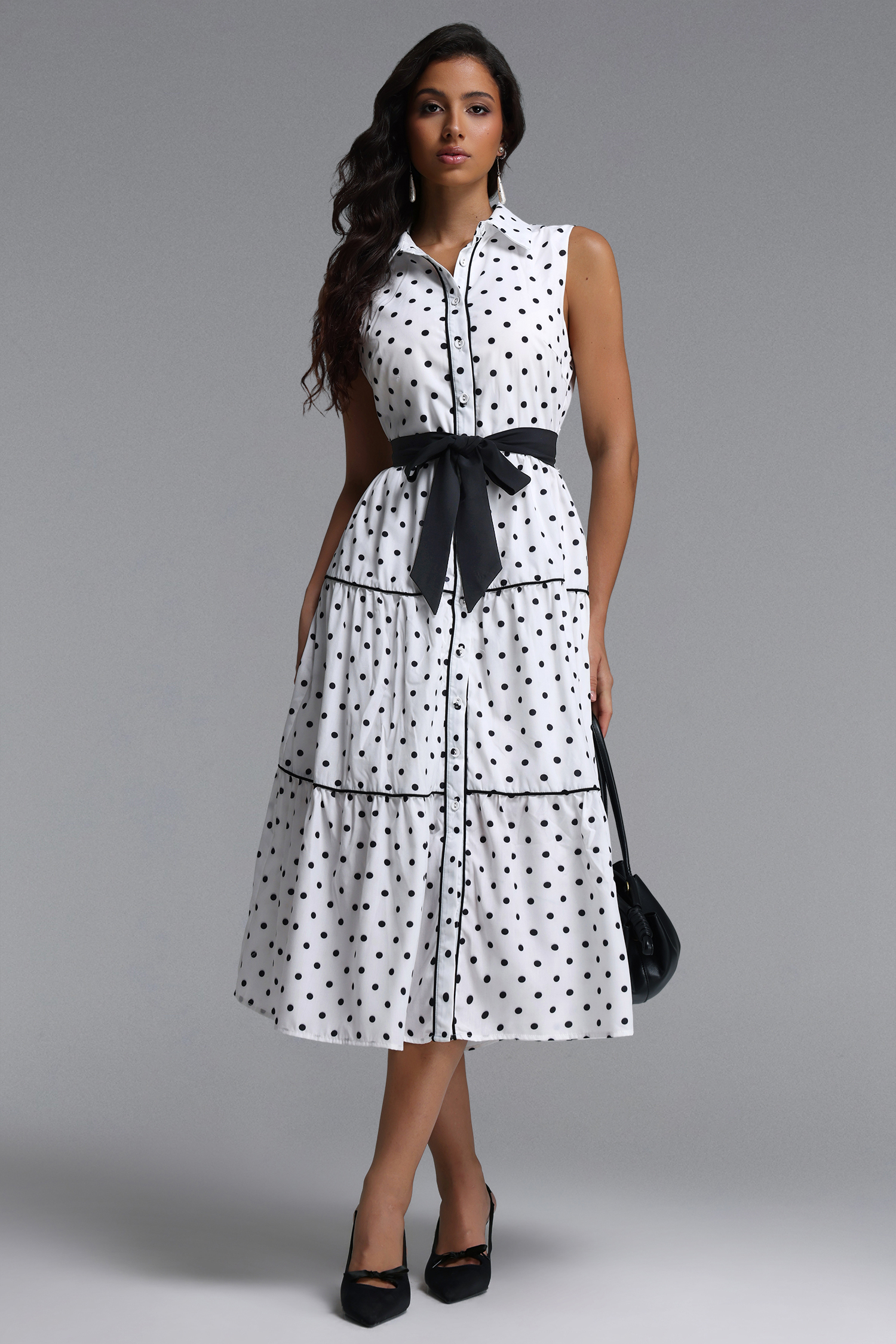 Marlina Classic Tailored Sleeveless Bow Polka Dot Woven Midi Dress
