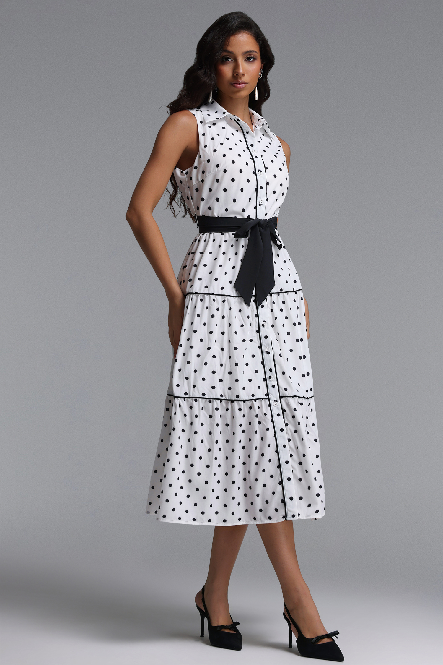 Marlina Classic Tailored Sleeveless Bow Polka Dot Woven Midi Dress