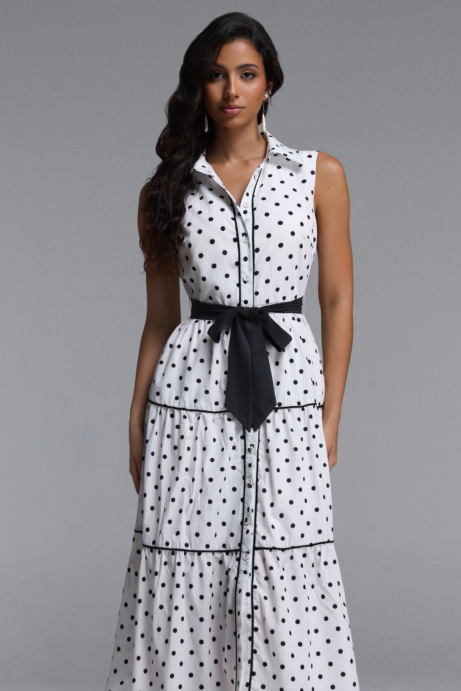 Marlina Classic Tailored Sleeveless Bow Polka Dot Woven Midi Dress