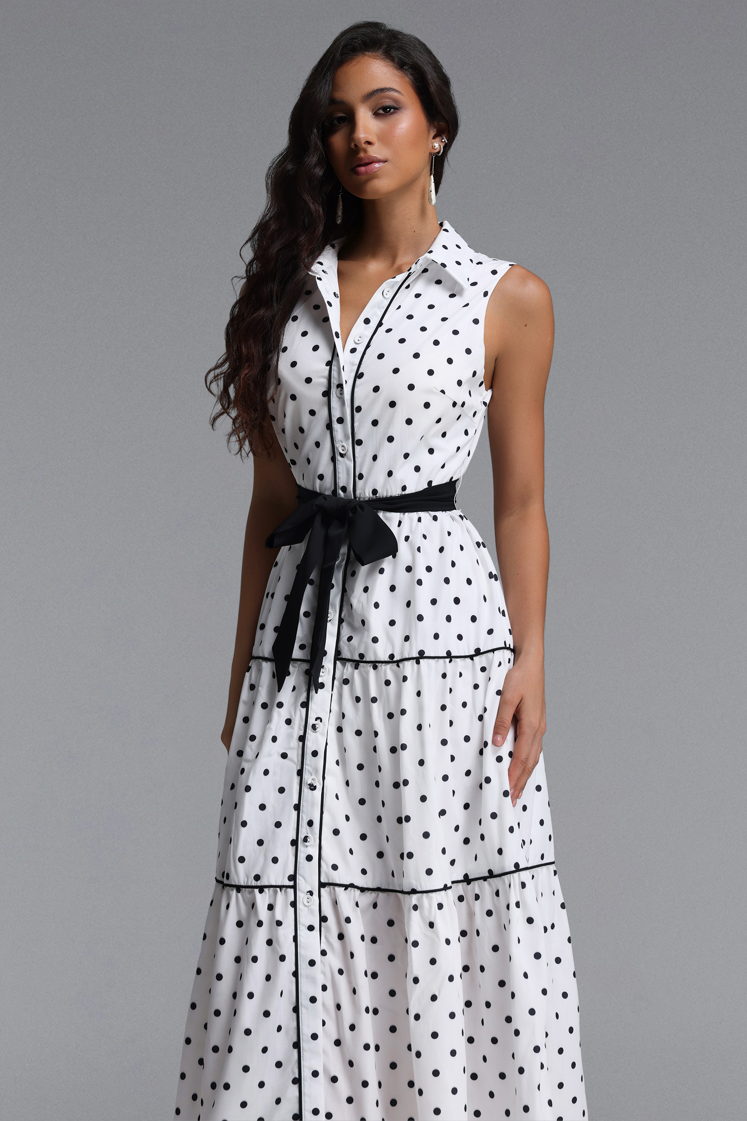 Marlina Classic Tailored Sleeveless Bow Polka Dot Woven Midi Dress