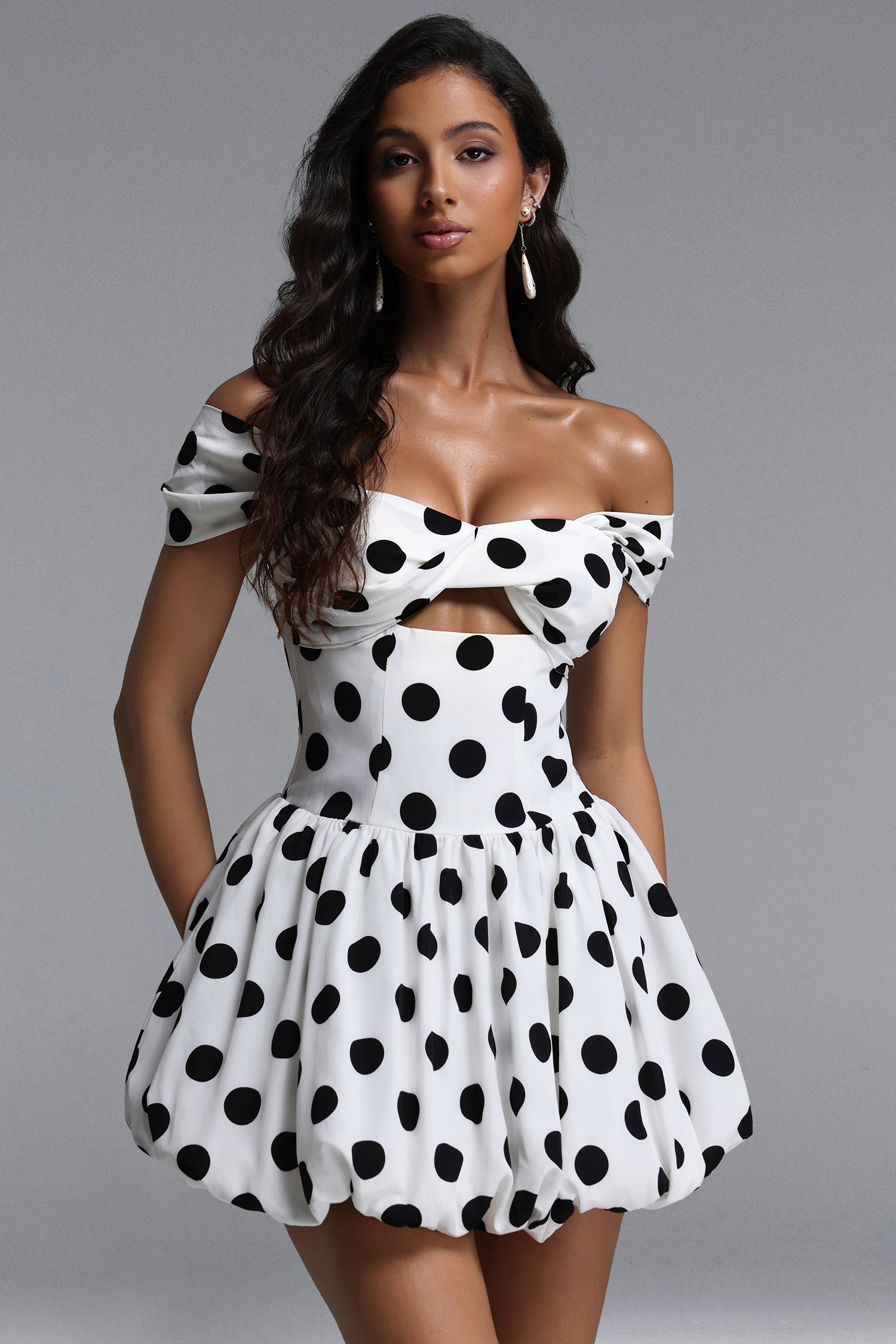 Fabiola Classic Tailored Off Shoulder Cut Out Ruched Polka Dot Woven Mini Dress