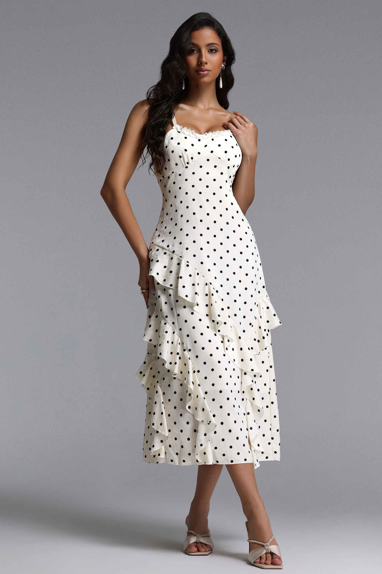 Lunare Resort Flowy Sleeveless Ruffle Polka Dot Detailing Maxi dress