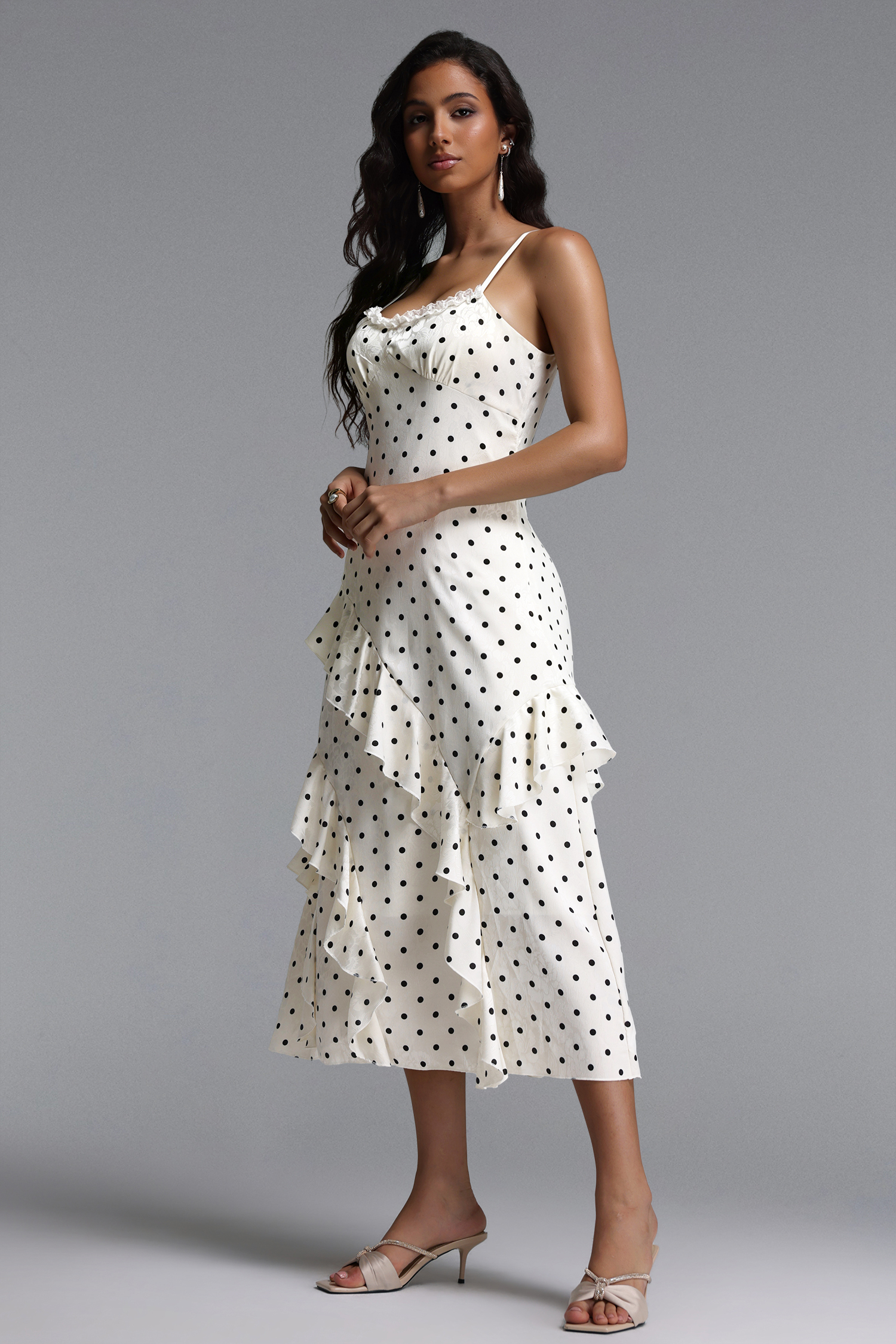 Lunare Resort Flowy Sleeveless Ruffle Polka Dot Detailing Maxi dress