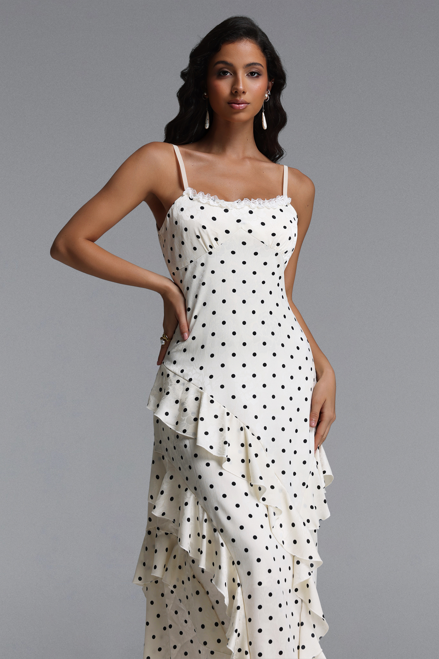 Lunare Resort Flowy Sleeveless Ruffle Polka Dot Detailing Maxi dress