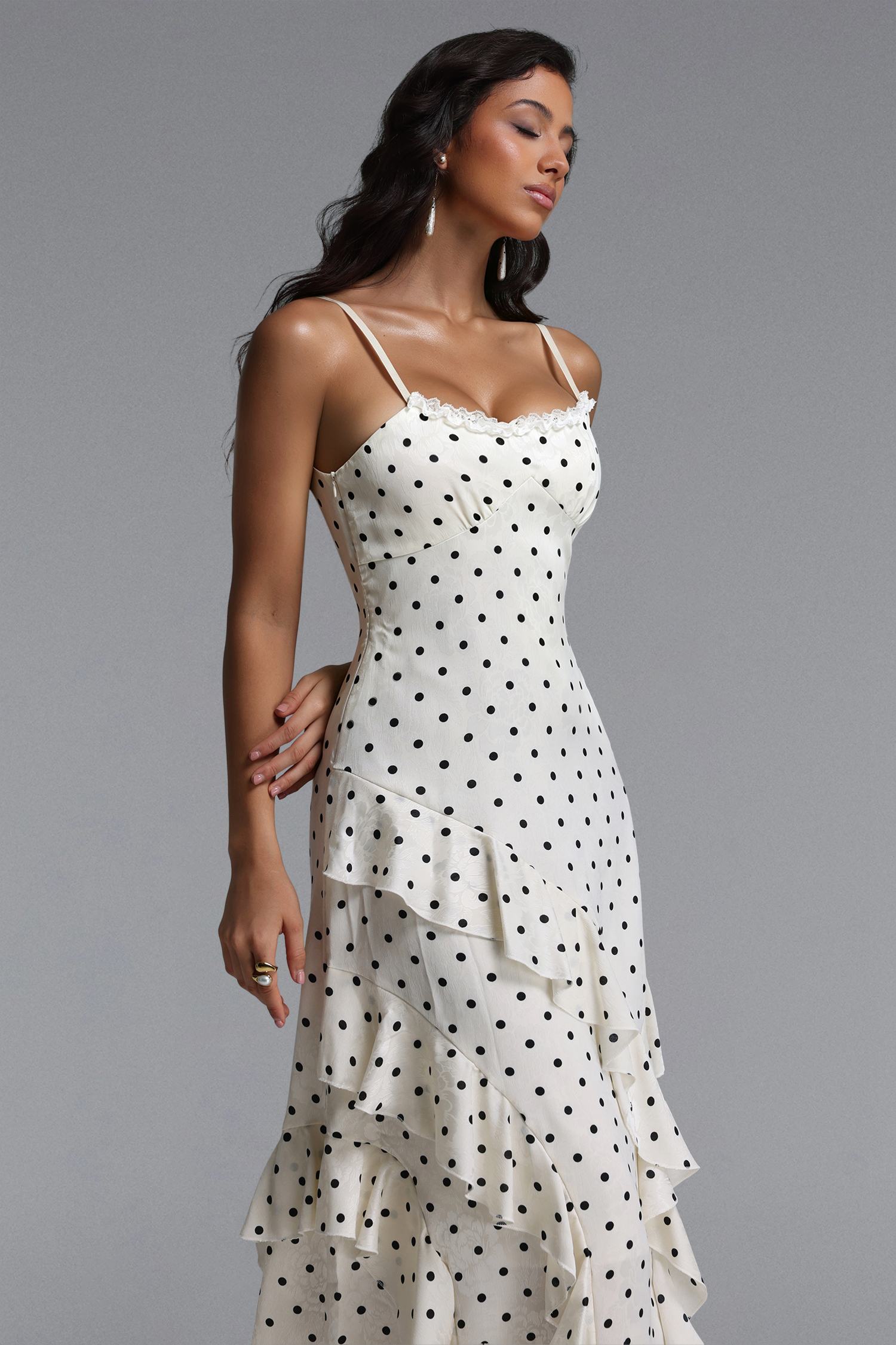 Lunare Resort Flowy Sleeveless Ruffle Polka Dot Detailing Maxi dress