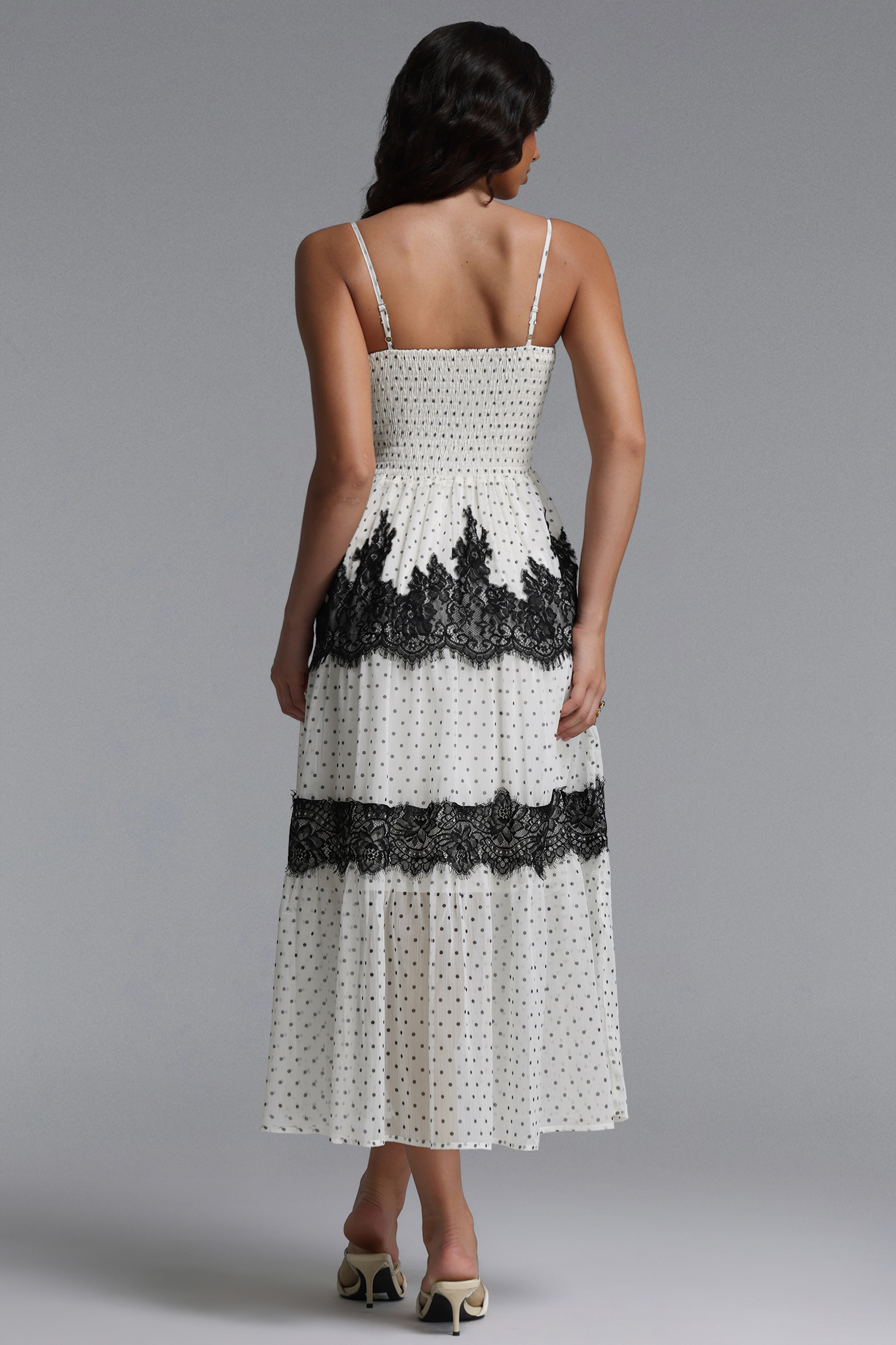 Yaen Resort Flowy Sleeveless Lace Detailing Polka Dot Maxi Dress