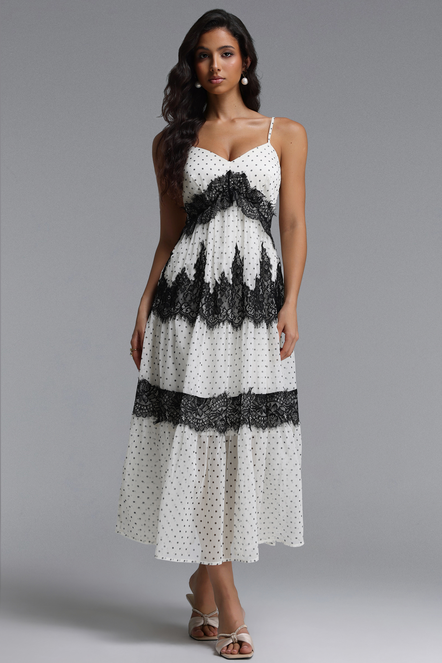 Yaen Resort Flowy Sleeveless Lace Detailing Polka Dot Maxi Dress