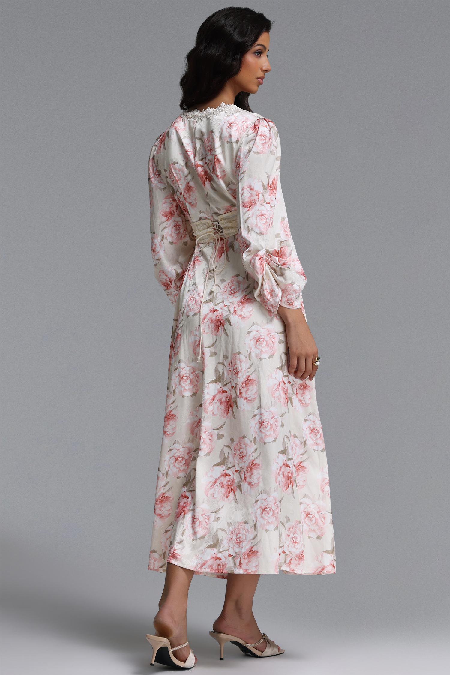 Naira Resort Flowy V Neck Long Sleeve Floral Print Detailing Maxi Dress