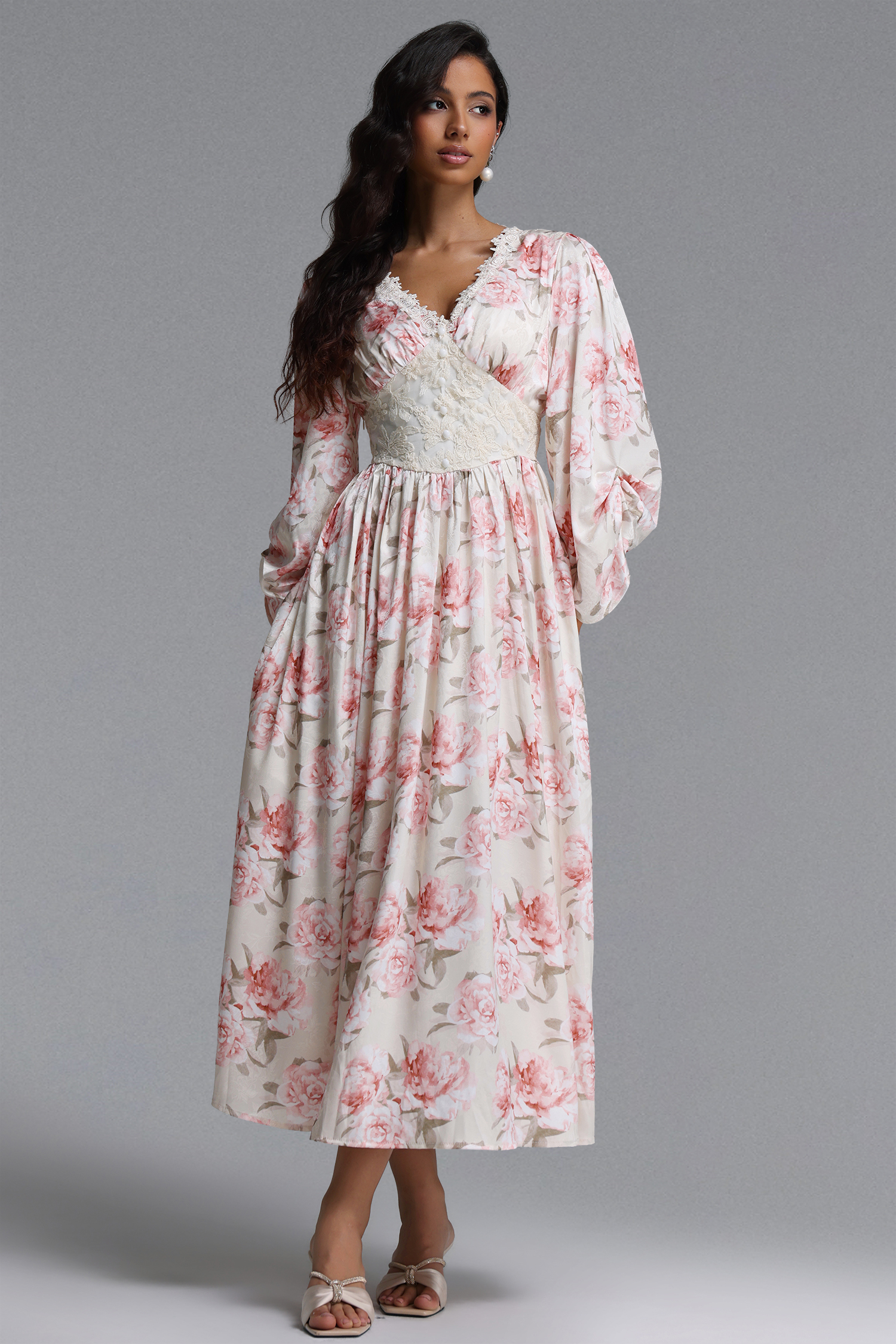 Naira Resort Flowy V Neck Long Sleeve Floral Print Detailing Maxi Dress
