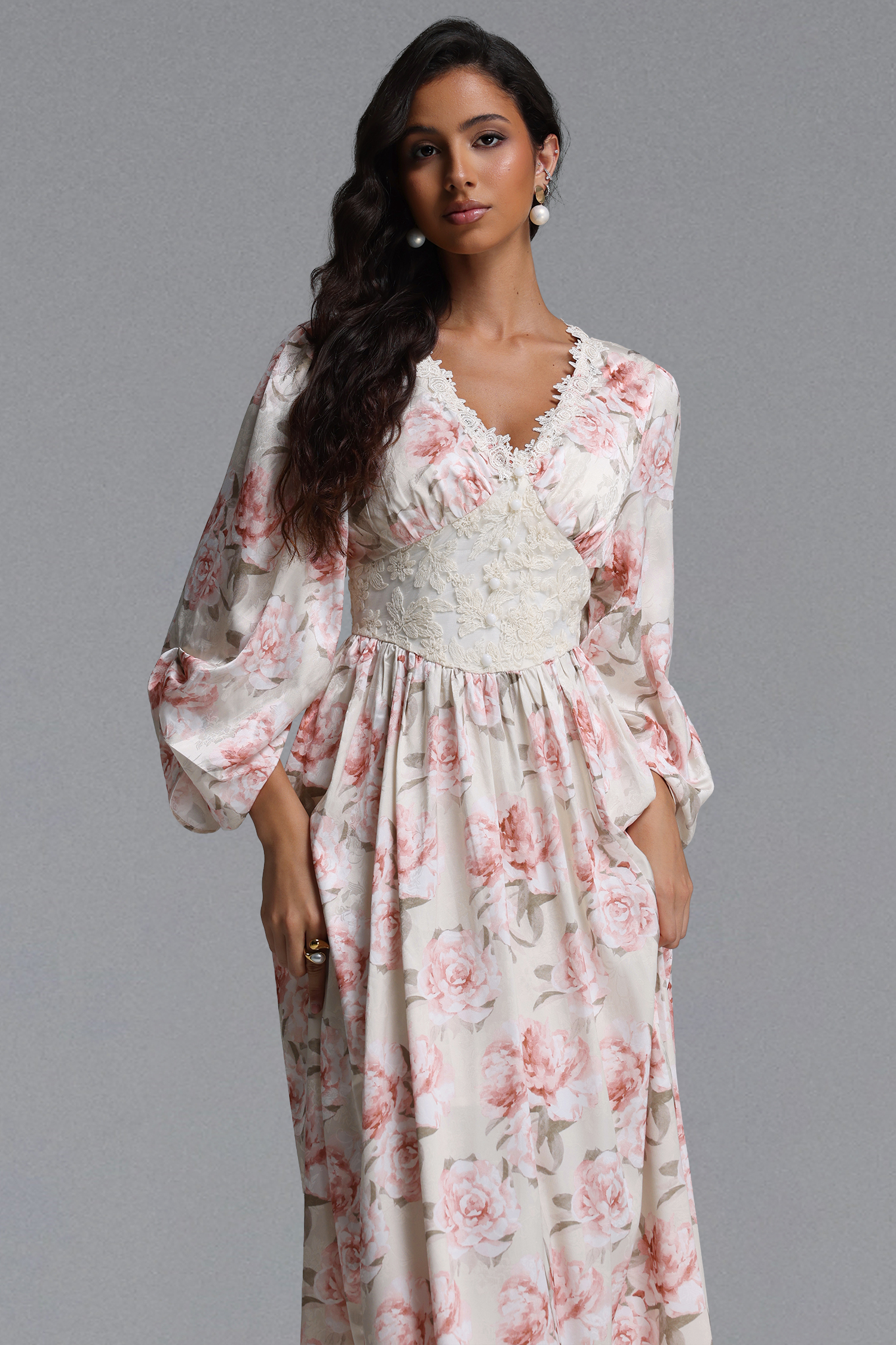 Naira Resort Flowy V Neck Long Sleeve Floral Print Detailing Maxi Dress