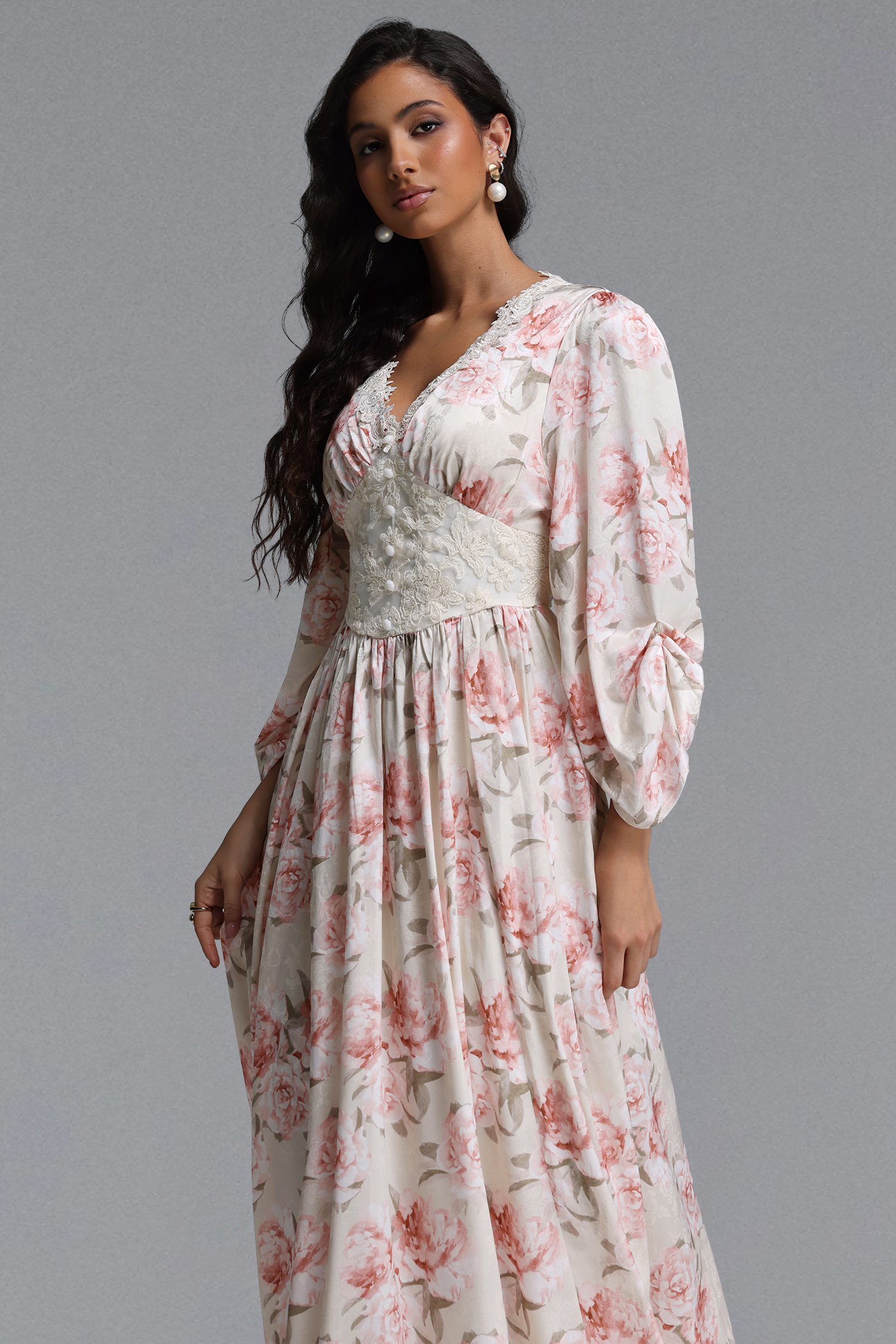 Naira Resort Flowy V Neck Long Sleeve Floral Print Detailing Maxi Dress