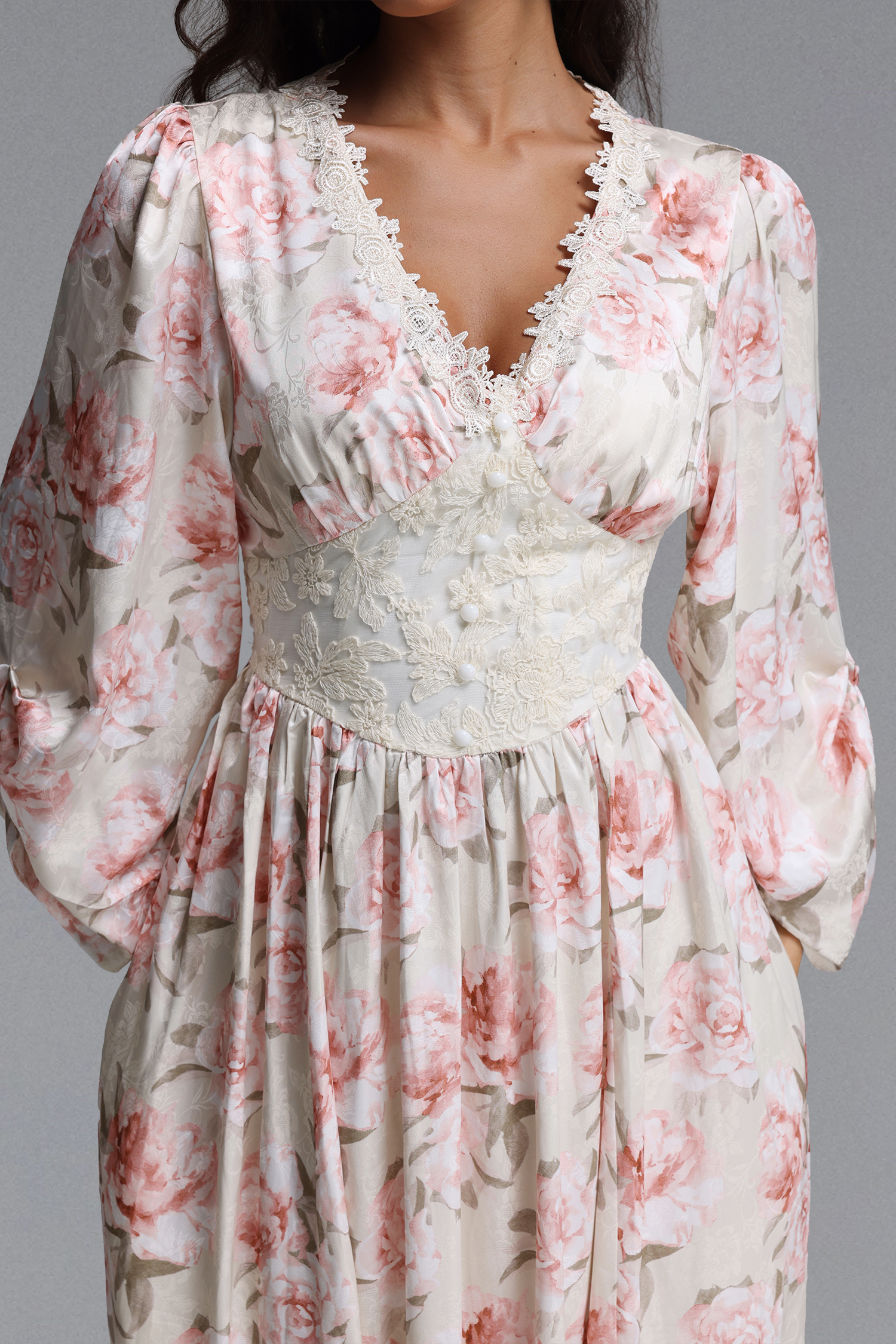 Naira Resort Flowy V Neck Long Sleeve Floral Print Detailing Maxi Dress