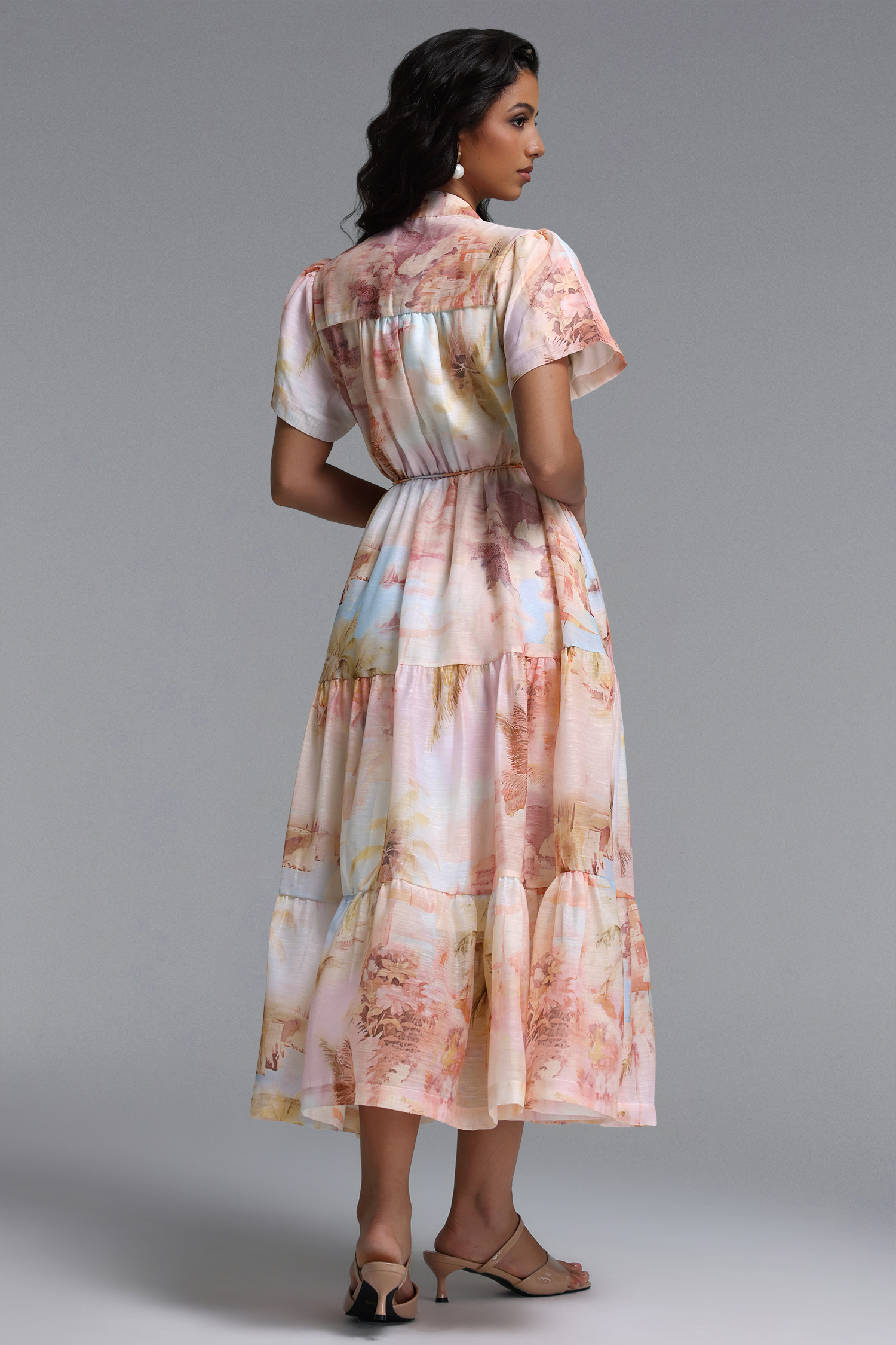 Nanci Resort Flowy V Neck Short Sleeve Woven Maxi Dress