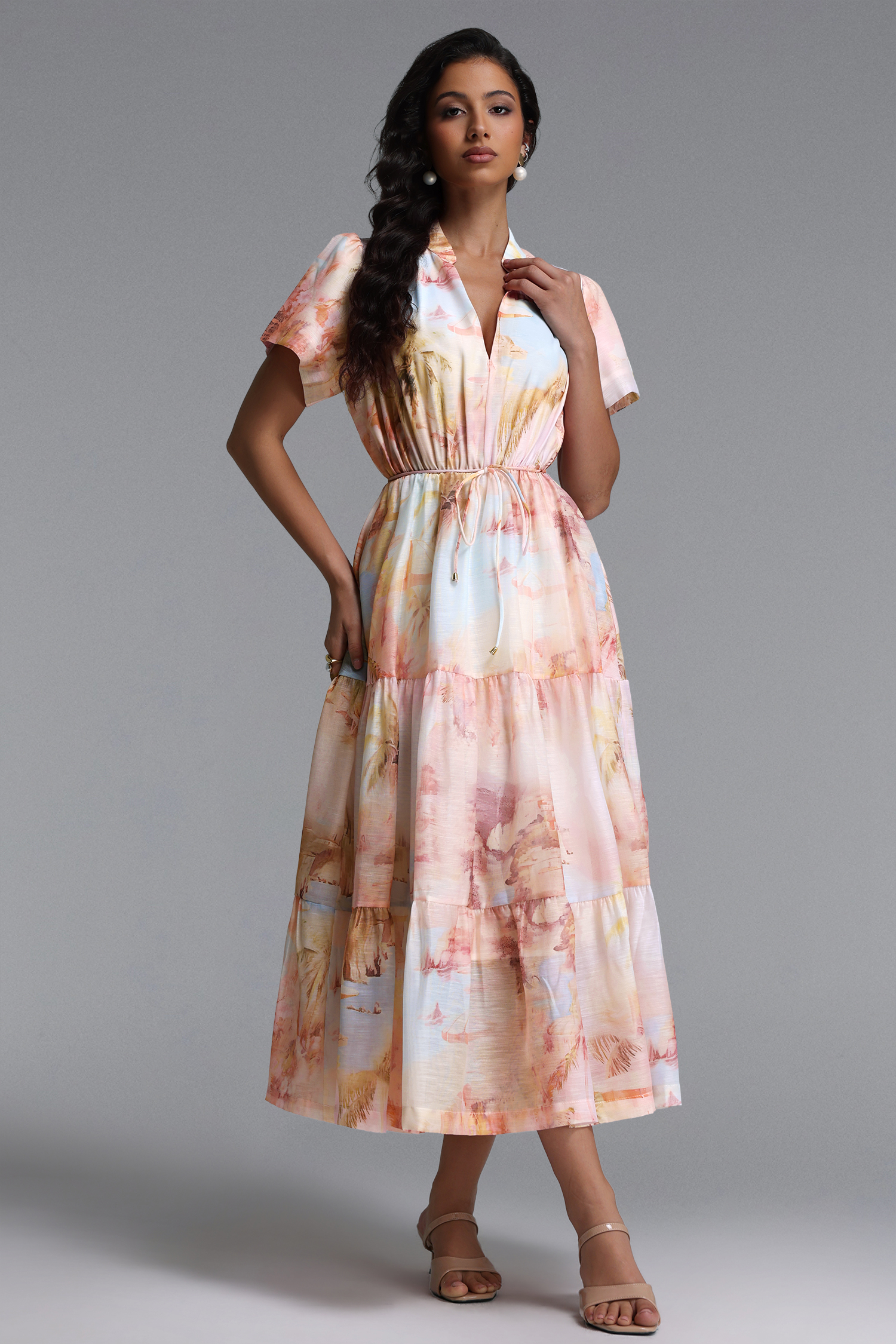 Nanci Resort Flowy V Neck Short Sleeve Woven Maxi Dress