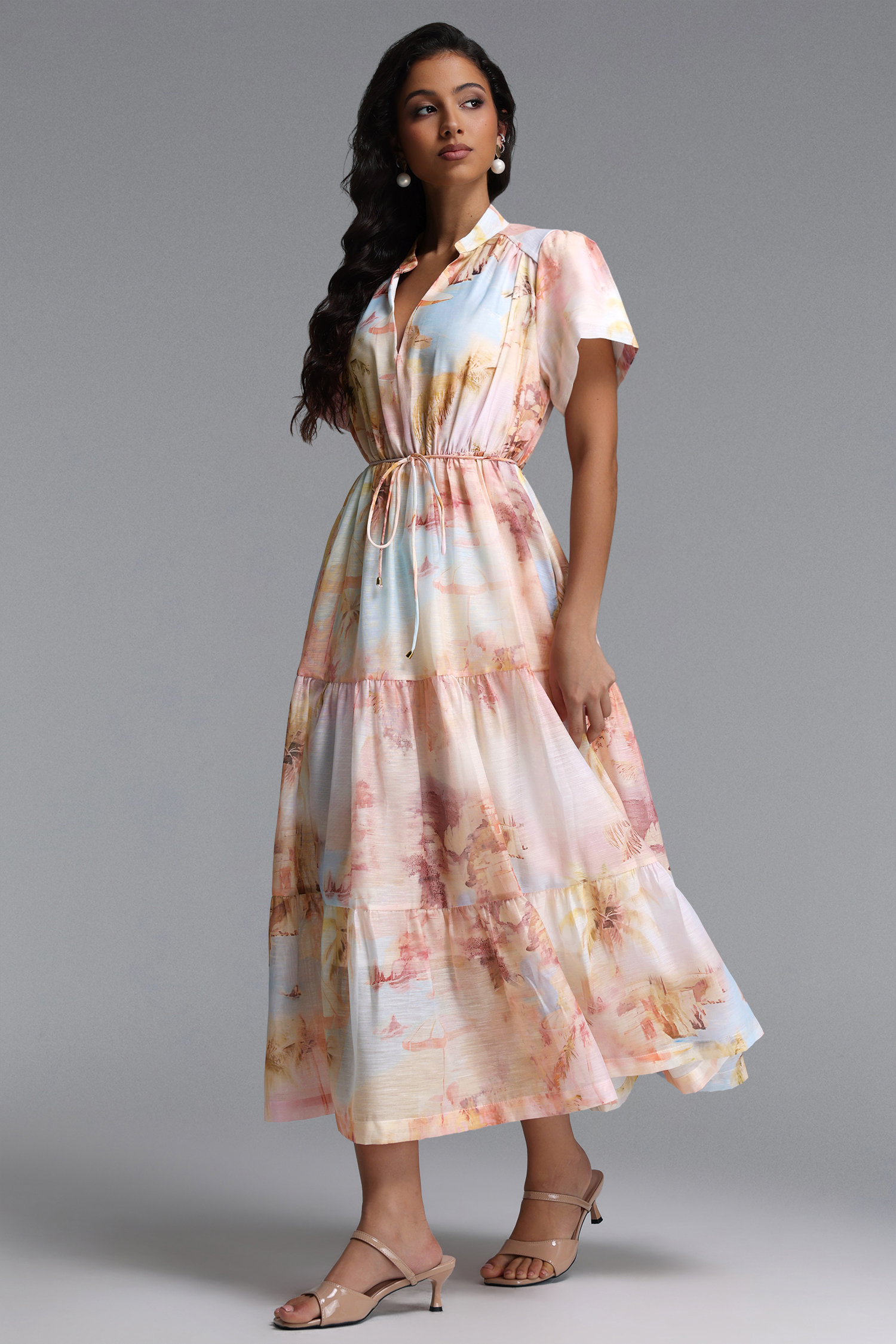 Nanci Resort Flowy V Neck Short Sleeve Woven Maxi Dress