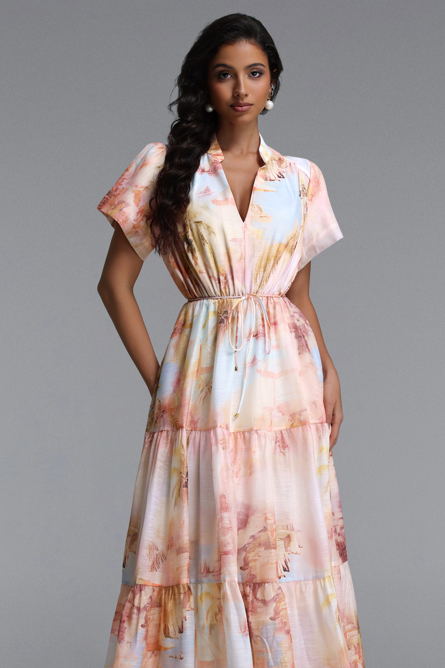 Nanci Resort Flowy V Neck Short Sleeve Woven Maxi Dress